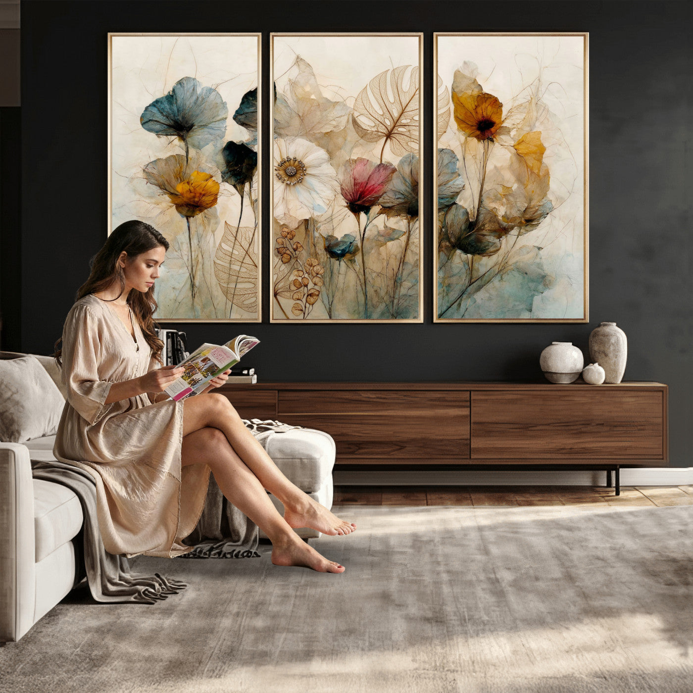 93171612-MGV-CV-36X24 - Vintage Dried Floral Meadow Wall Art Canvas Print, Translucent Watercolor Flowers Painting Print