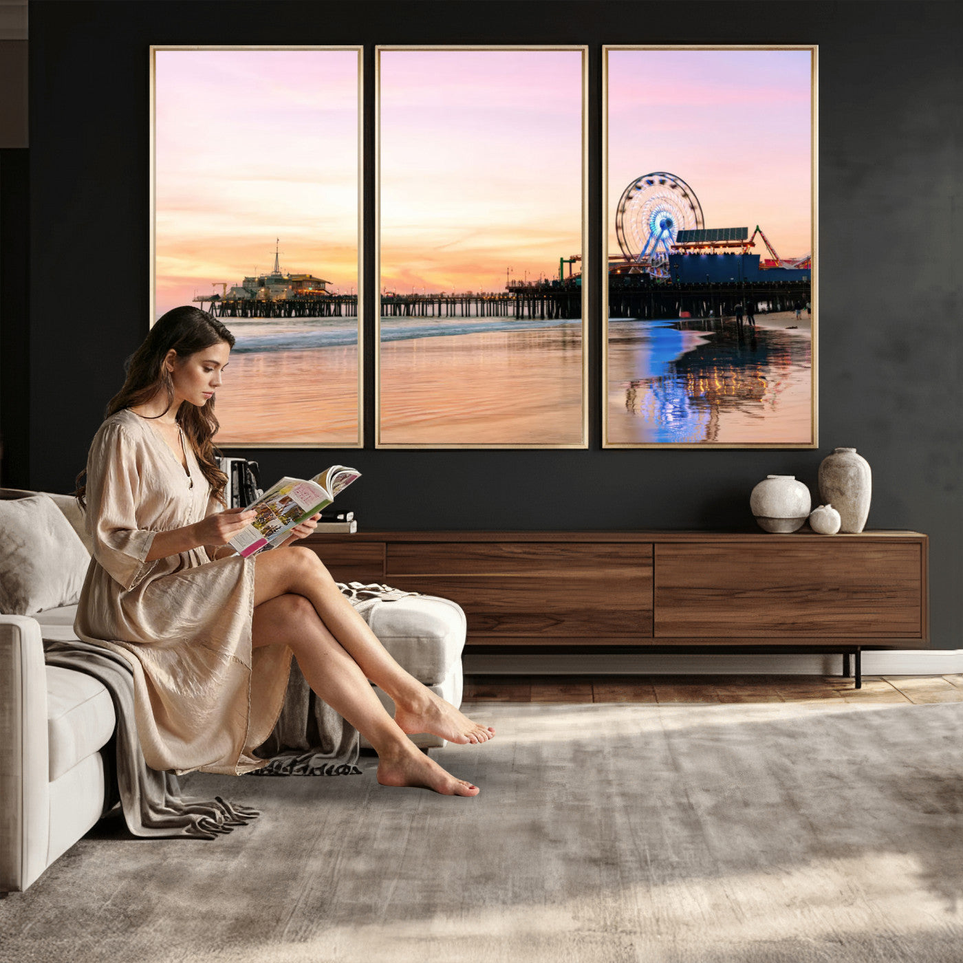 27381272-MGV-CV-36X24 - Santa Monica Pier Sunset Beach Wall Art Canvas Print, California Ferris Wheel Photo Print