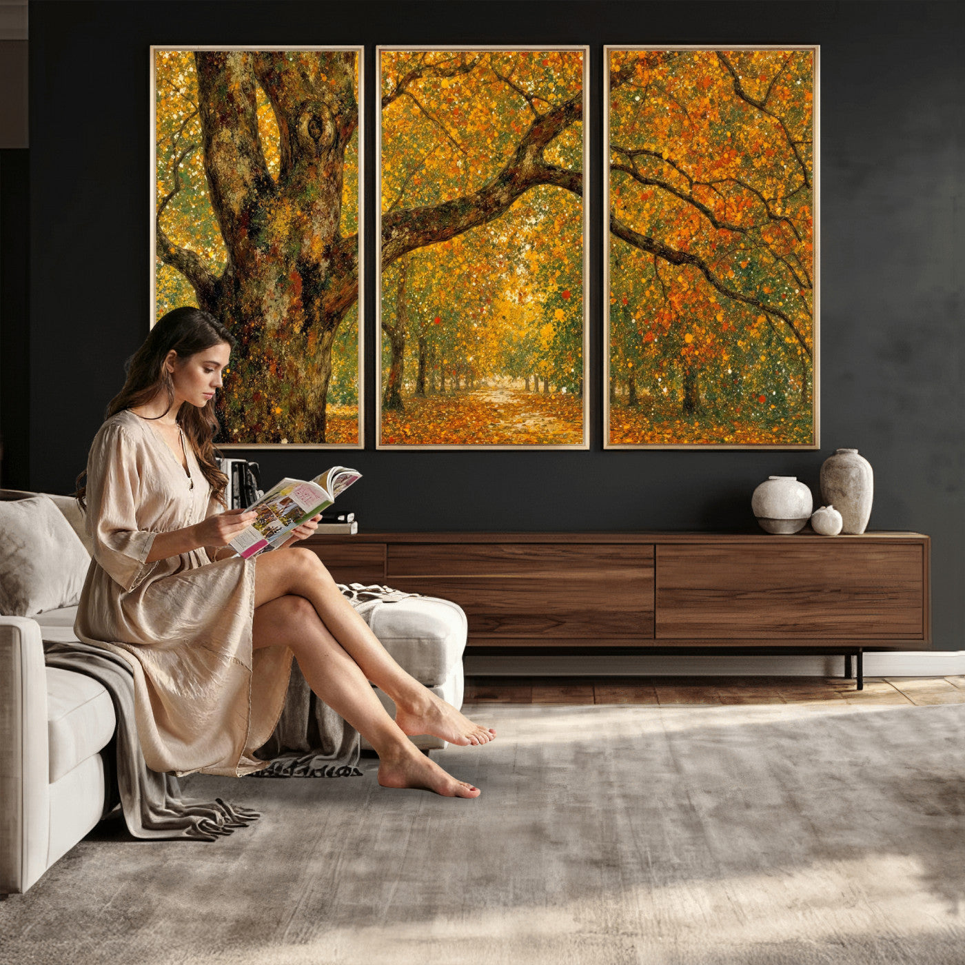 11536138-MGV-CV-36X24 - Vintage Autumn Forest Path Wall Art Canvas Print, Golden Leaves Impressionist Painting Print