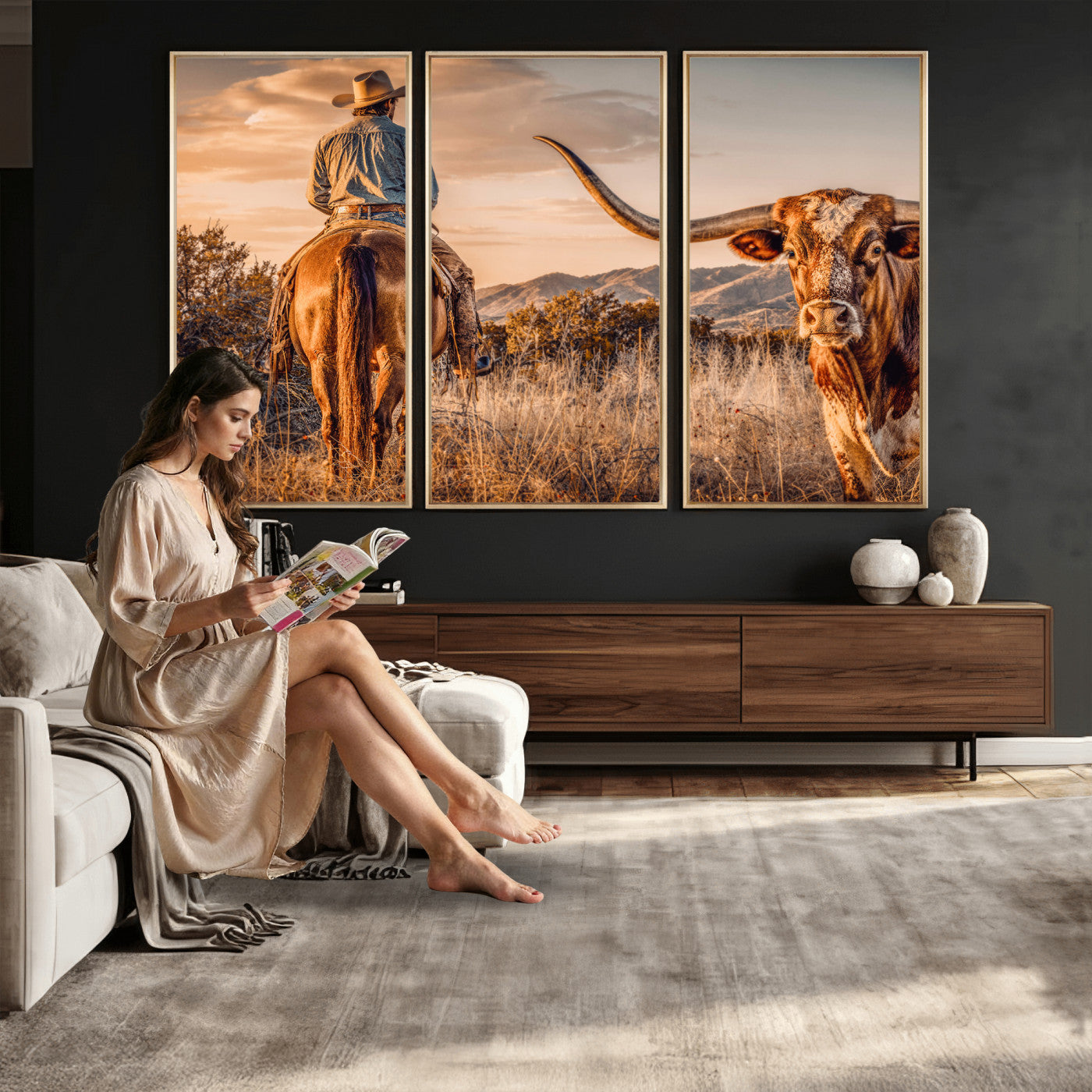 62076449C-MGV-CV-36X24 - Texas Cowboy and Longhorn Bull Print for Western Wall Art Decor for Farmhouse