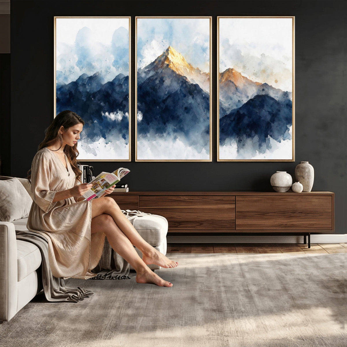 62076449DG1-MGV-CV-36X24 - Abstract Watercolor Mountain Lake Wall Art Print for Living Room Decor