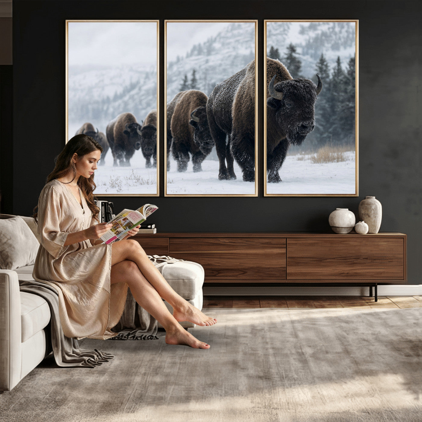 18343289-MGV-CV-36X24 - Rustic Bison Wall Art, American Buffalo Photo Print, Wildlife Canvas Artwork, Snowy Mountain Decor, Large Nature Poster, Cabin Gift Idea