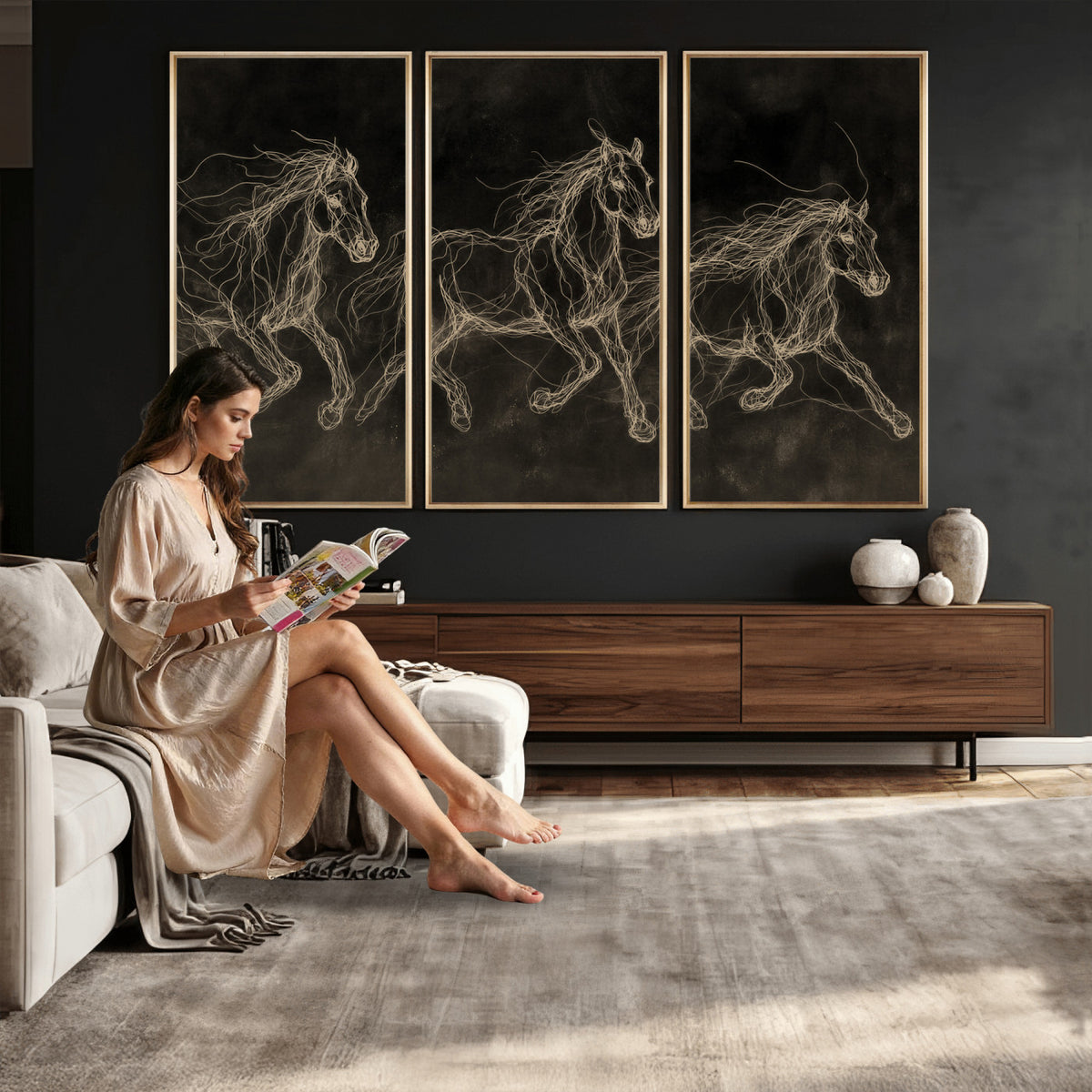 15344242-MGV-CV-36X24 - Dark Horse Line Art Canvas, Gold Scribble Wild Horses Print, Black Chalkboard Wall Art, Modern Luxury Equine Decor, Masculine Office Gift