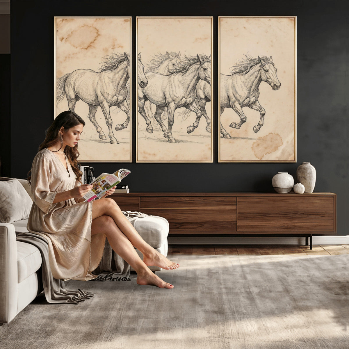16644391-MGV-CV-36X24 - Vintage Horse Sketch Canvas Wall Art, Wild Horses Pencil Drawing Print, Antique Parchment Western Decor, Equine Sketching, Country Manor Gift