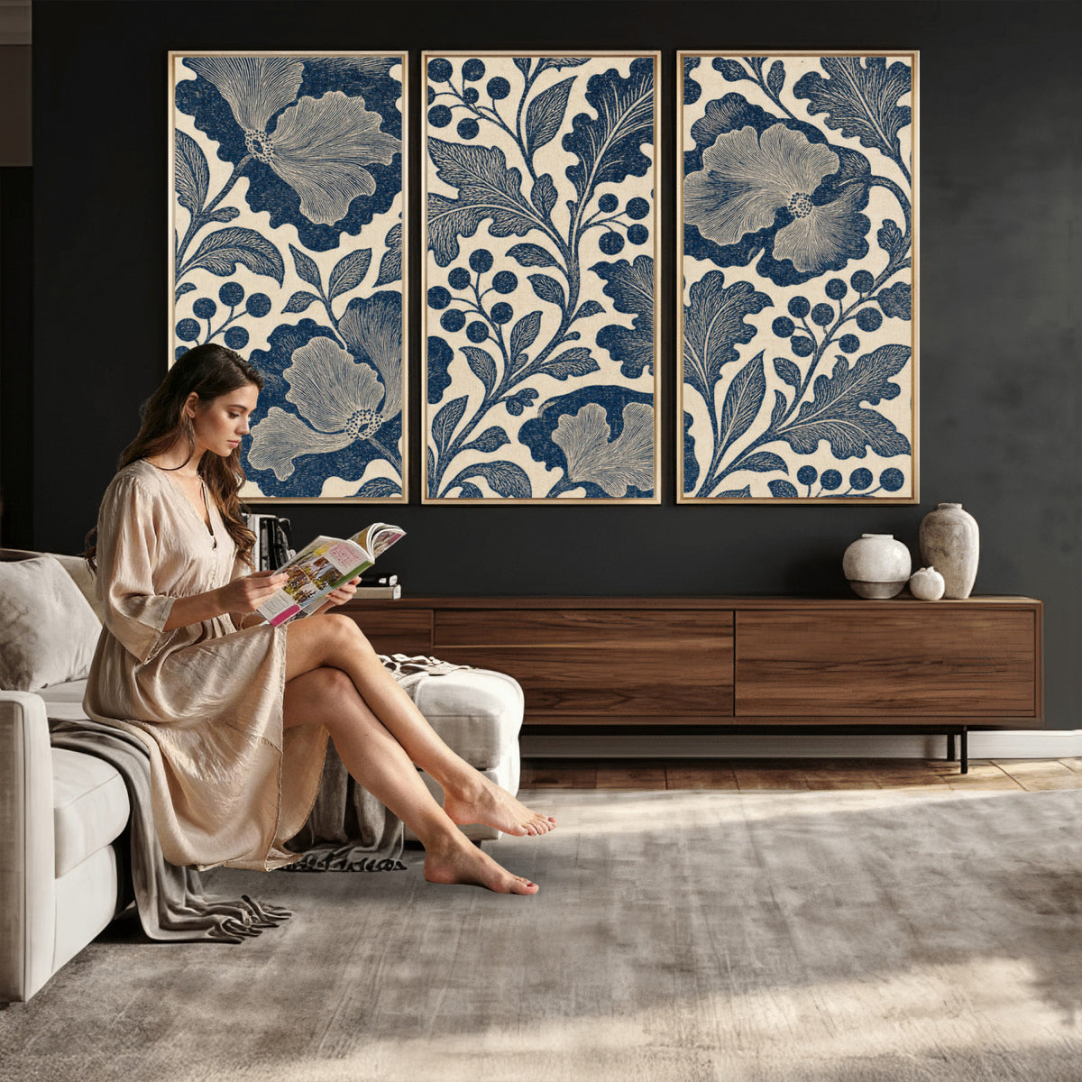 23824002-MGV-CV-36X24 - William Morris Style Navy Blue Floral Wall Art Canvas Print, Vintage Cream Botanical Painting Print