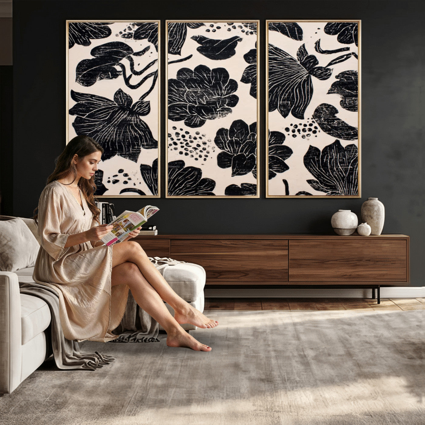 81787117-MGV-CV-36X24 - Linocut Black Lotus Floral Wall Art Canvas Print, Vintage Monochrome Botanical Painting Print