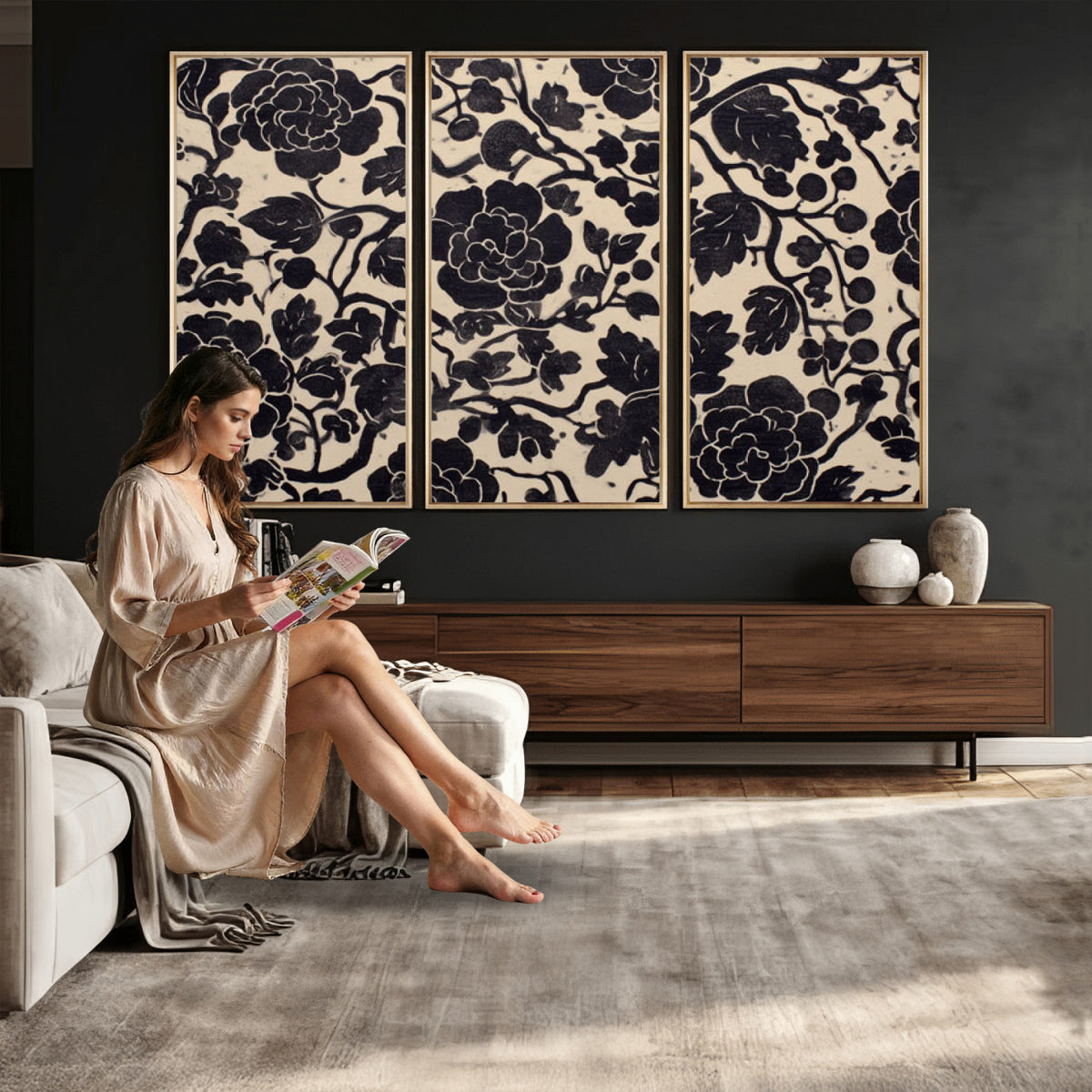 86696255-MGV-CV-36X24 - Vintage Black and Cream Floral Wall Art Canvas Print, Chinoiserie Botanical Painting Print