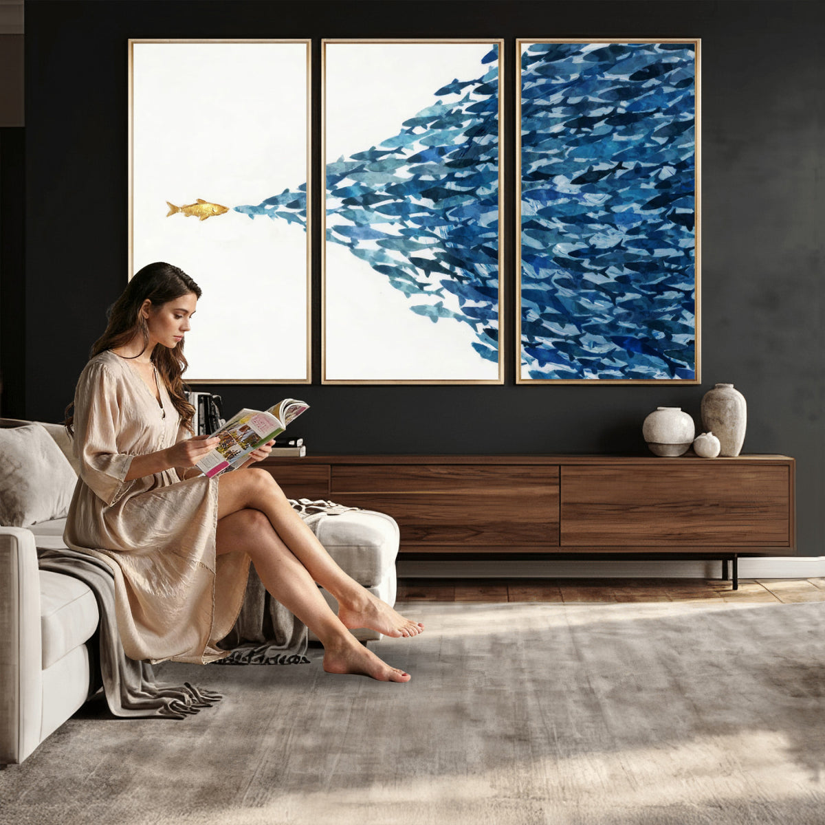 79089639-MGV-CV-36X24 - Abstract Blue Fish School Canvas Wall Art, Gold Foil Accent Marine Print