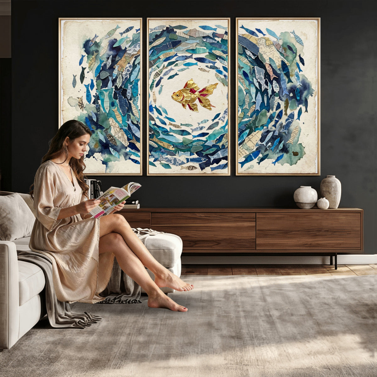 73165663-MGV-CV-36X24 - Mixed Media Blue Fish Swirl Canvas Wall Art, Goldfish Collage Ocean Print
