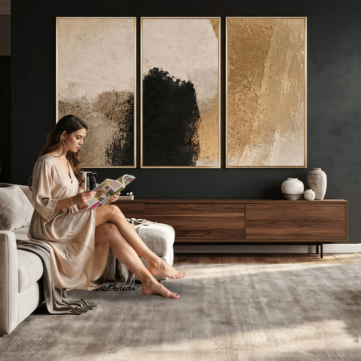 36003778-MGV-CV-48X32-3P - Mid Century Modern Geometric Canvas Wall Art, Abstract Triptych Print
