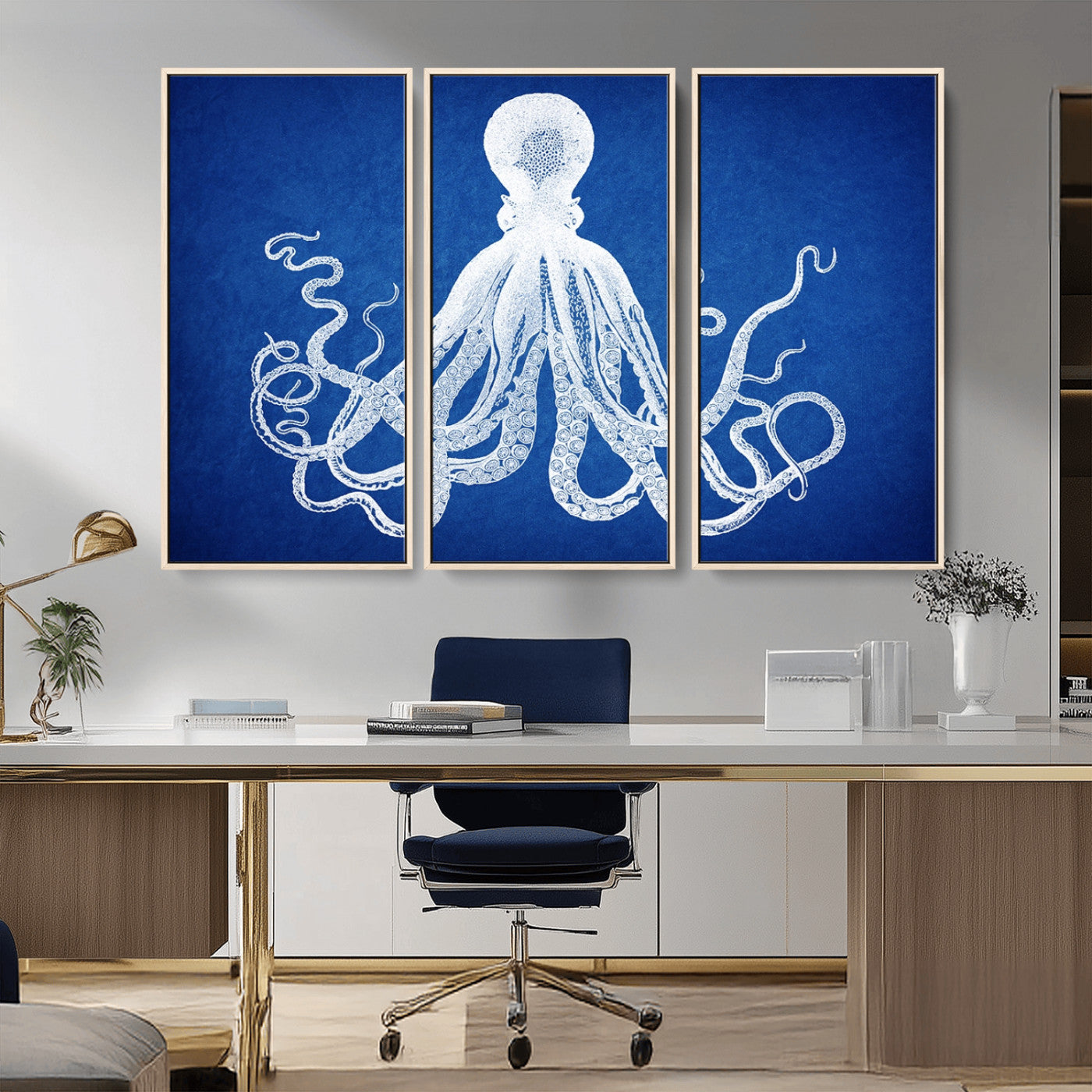 67315-MGV-CV-36X24-Large 3-Panel Blue Octopus Canvas Wall Art | Coastal Marine Life Artwork for Living Room, Bedroom,