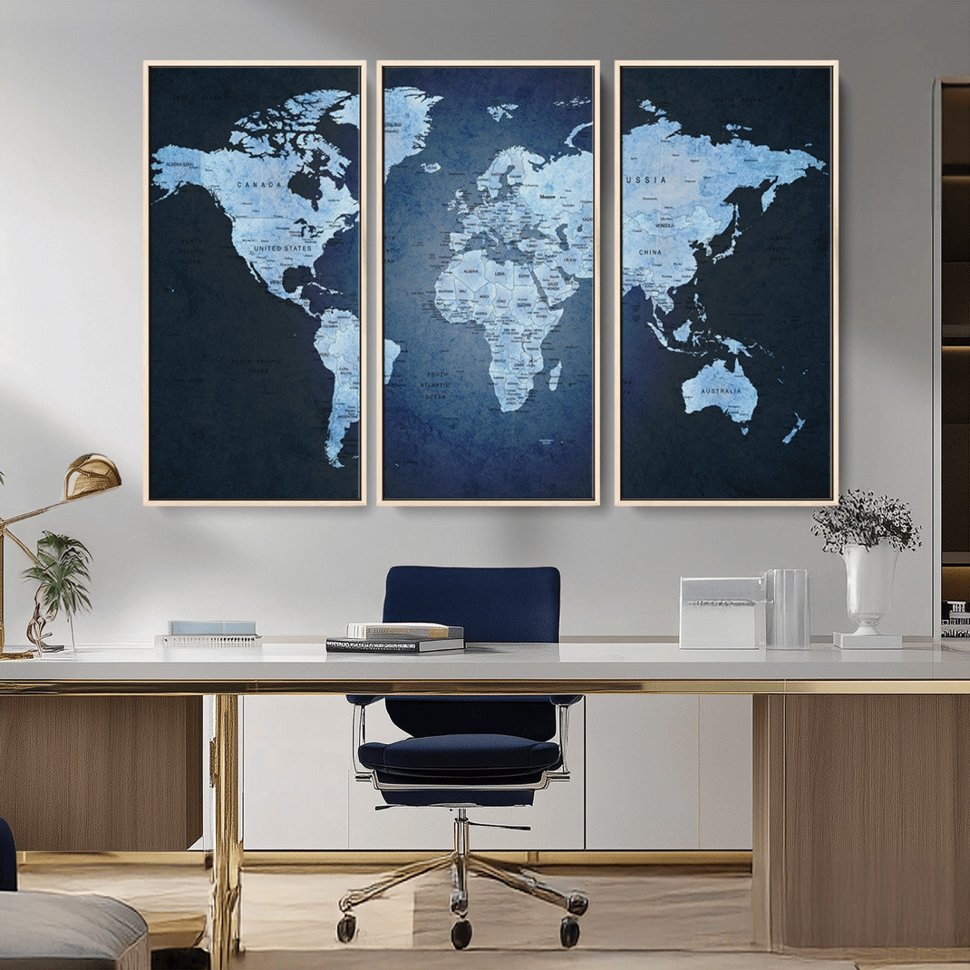 -Blue World Map Canvas Wall Art – Framed Modern Push Pin Travel Map for Home and Office Decor, Elegant Navy Global Wall Artwork for Travelers