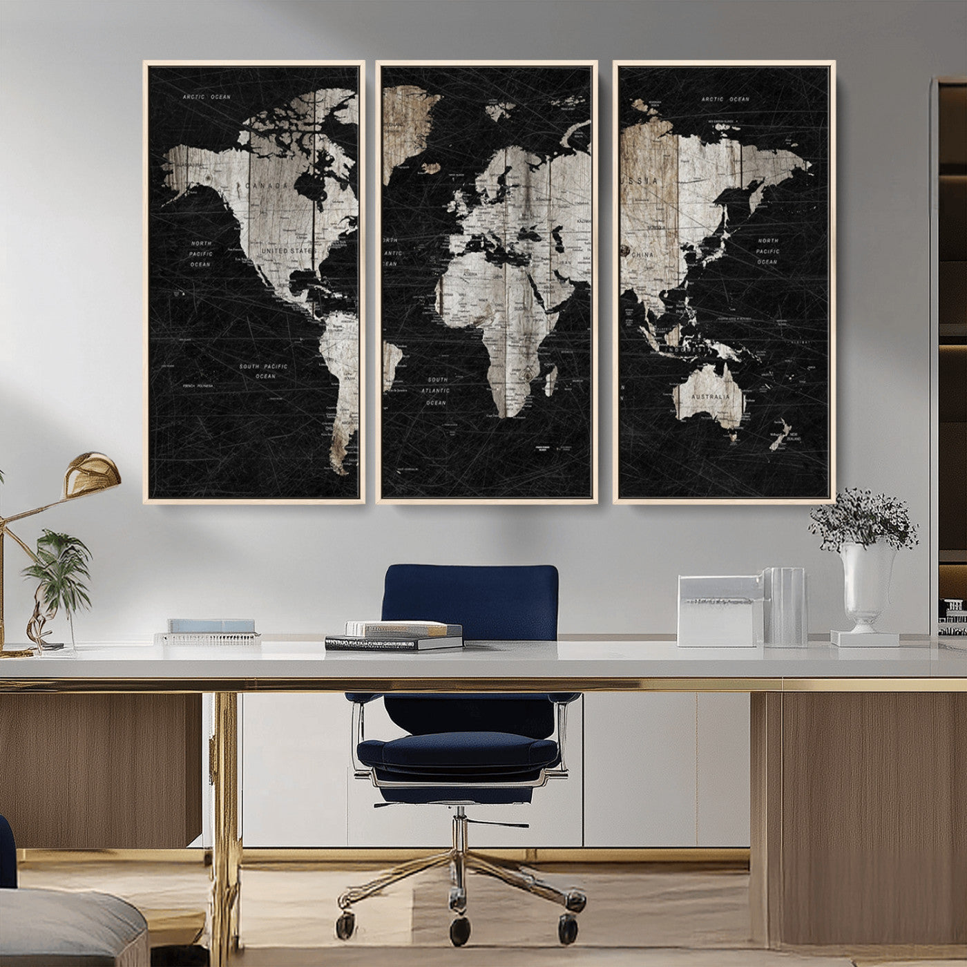89998-MGV-CV-36X24-Rustic Black and Wood World Map Canvas Wall Art – Framed Push Pin Travel Map for Home and Office Decor, Modern Vintage Wall Artwork