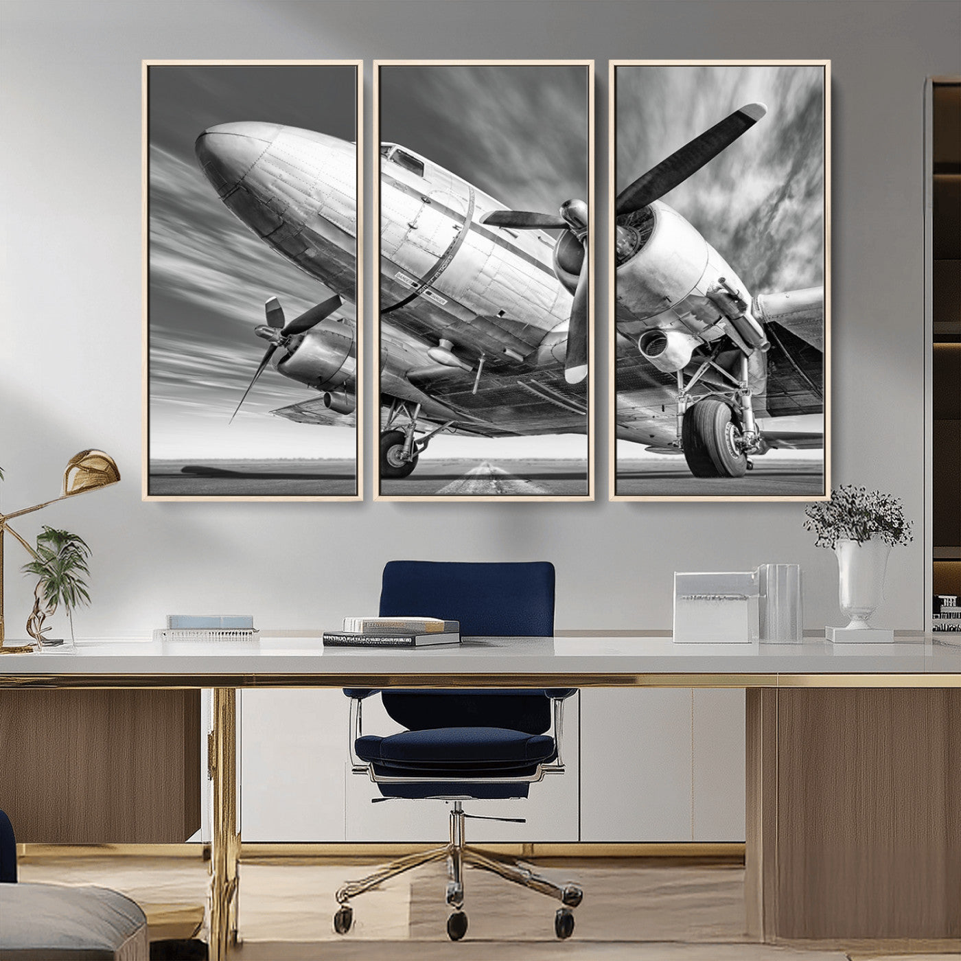 82744-MGV-FC-48X32-3P_Natural-Vintage Airplane on Runway Canvas Print