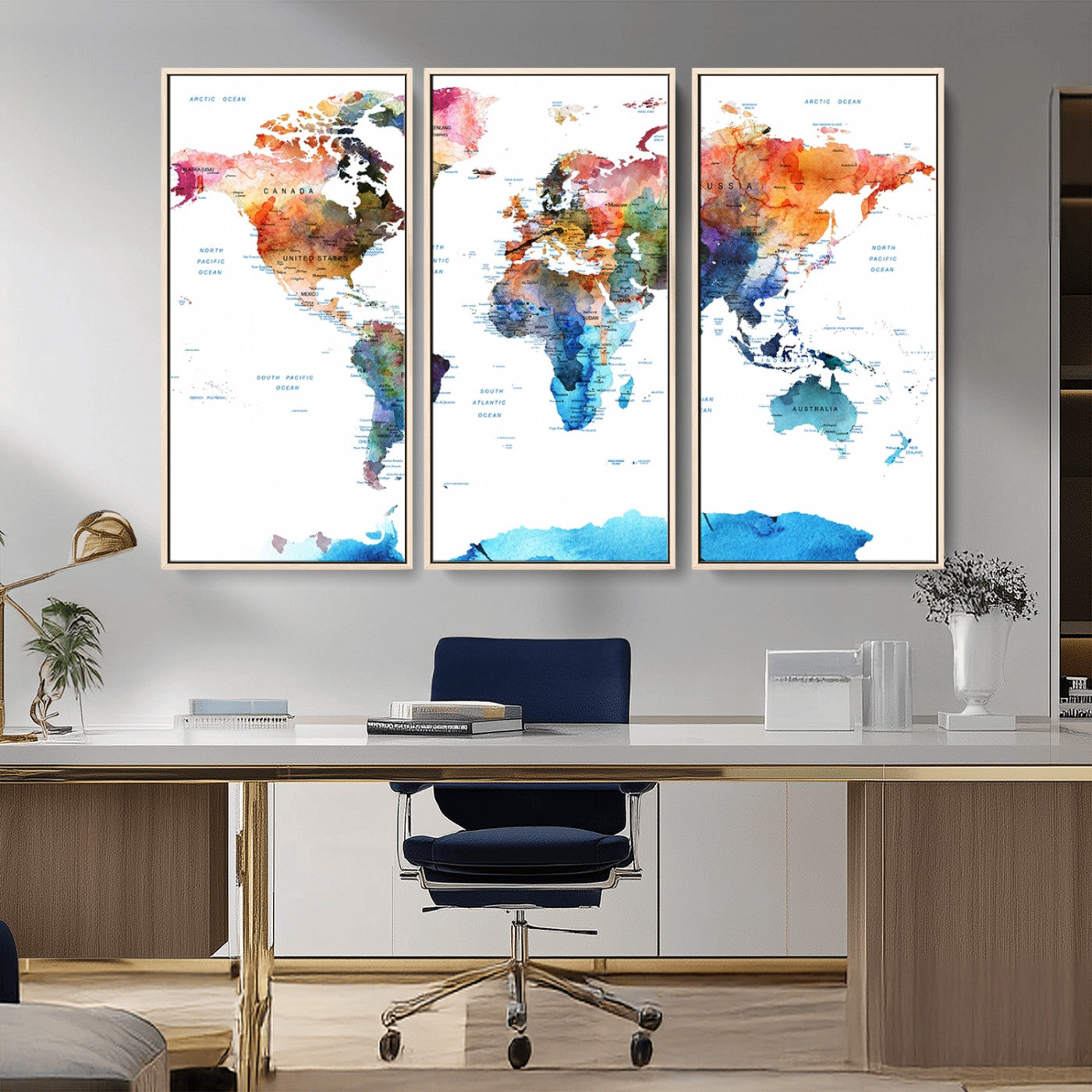 11576-MGV-FC-48X32-3P_Natural-Vibrant Watercolor World Map Canvas Wall Art – Framed Push Pin Travel Map for Home and Office Decor, Modern Colorful Wall Artwork