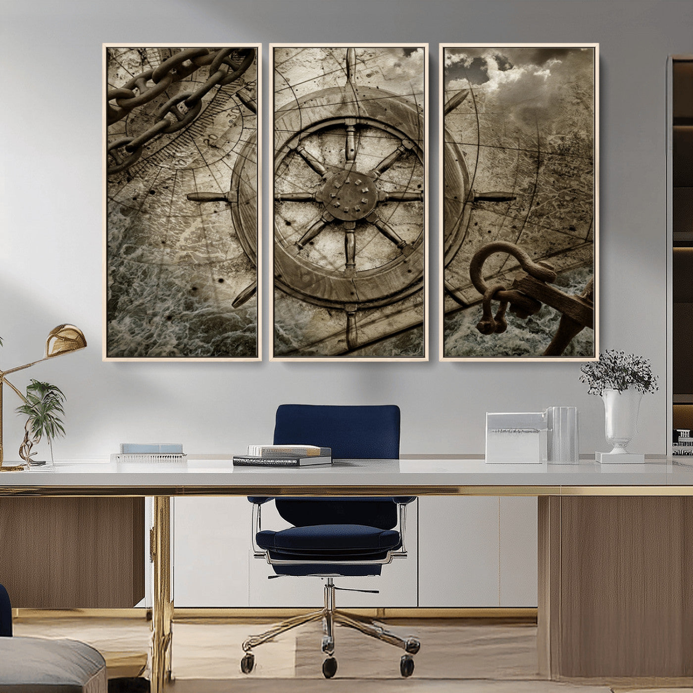 -Wooden Ship Wheel Canvas Print, Multi Panel Canvas Wall Art Print