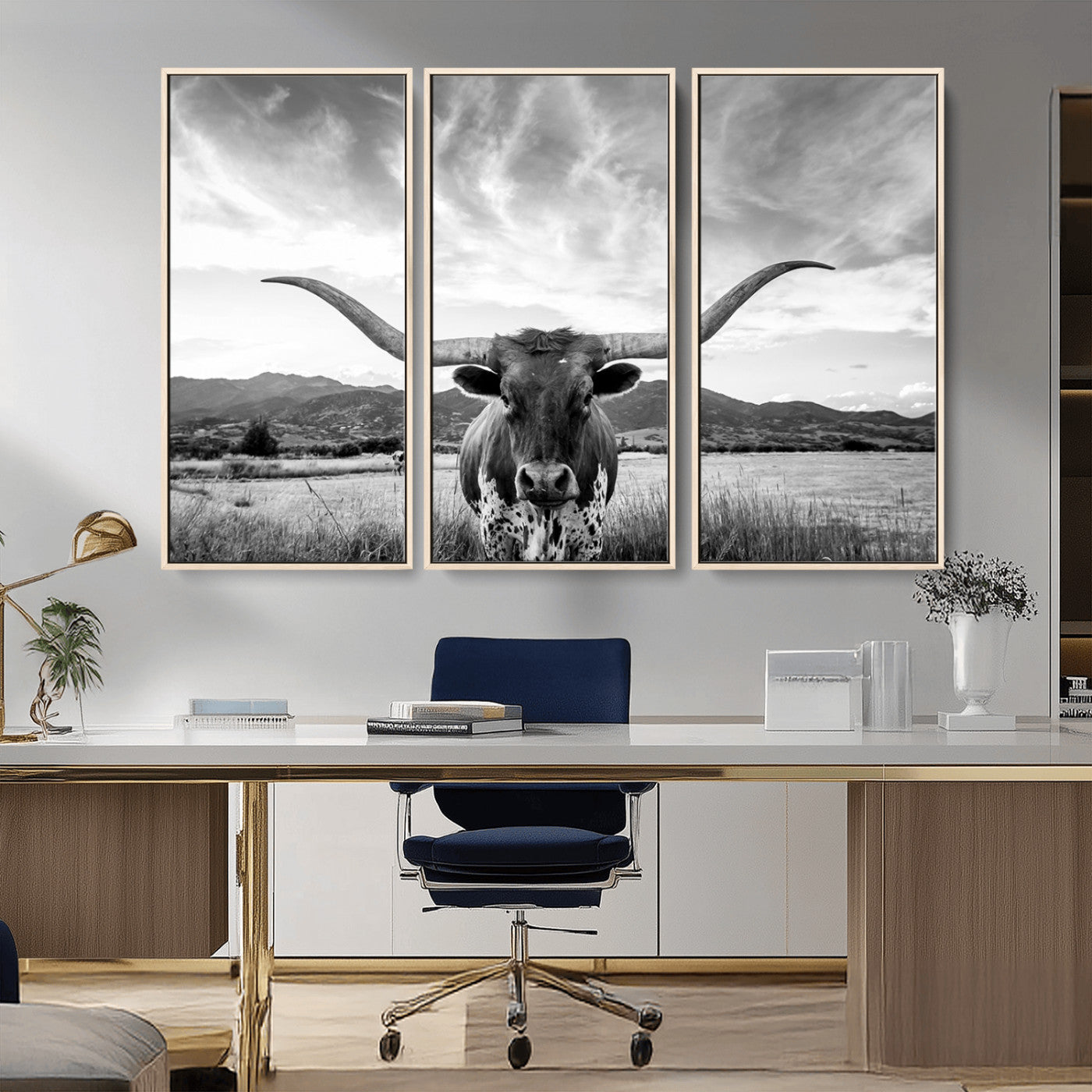 79527-MGV-FC-48X32-3P_Natural-Longhorn Black and White Wall Art – Rustic Western Bull Canvas Print, Farmhouse Country Decor for Living Room, Office or Ranch, Cowboy Wall Artwork