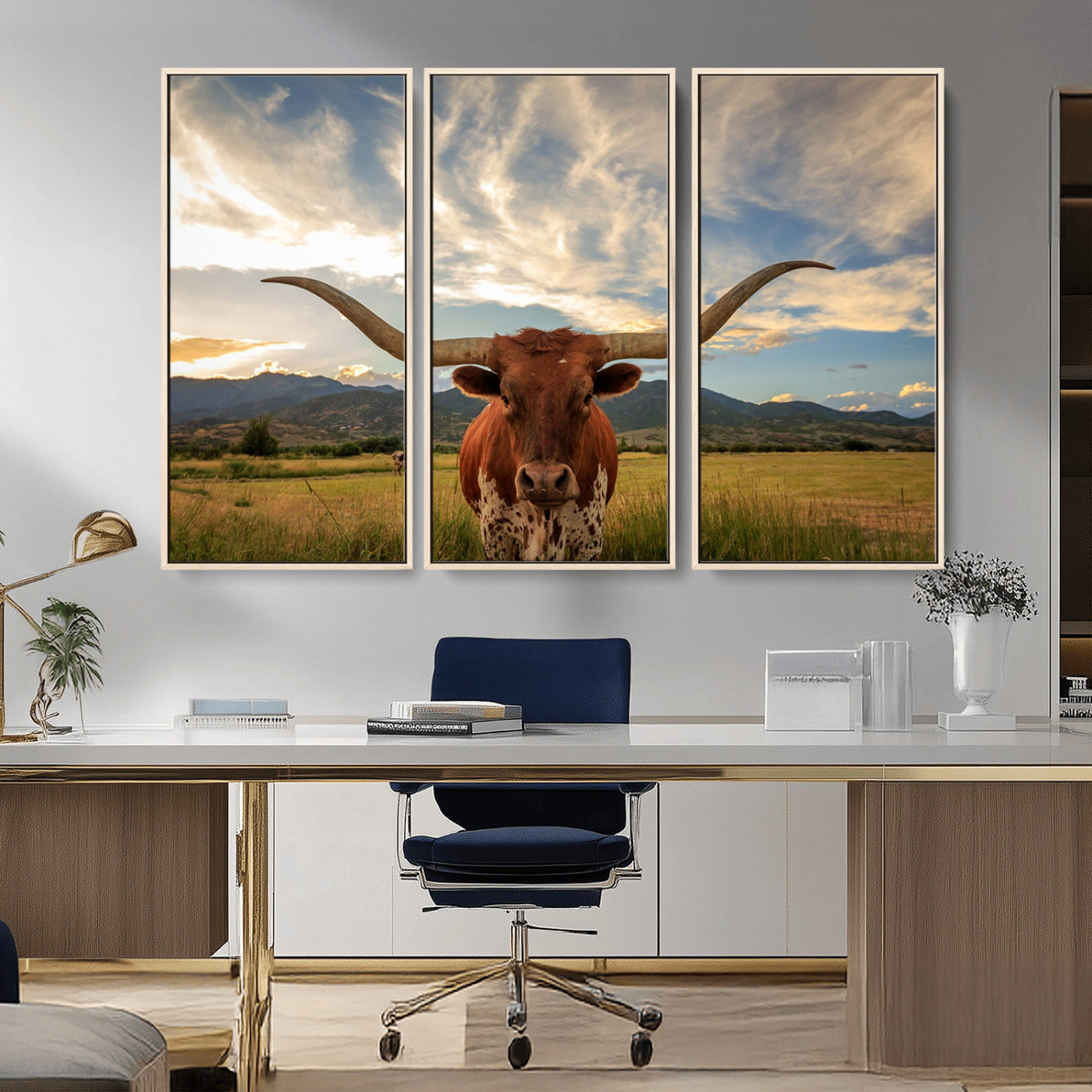 -Texas Longhorn Canvas Wall Art – Majestic Triptych Animal Print – Rustic Western Decor for Living