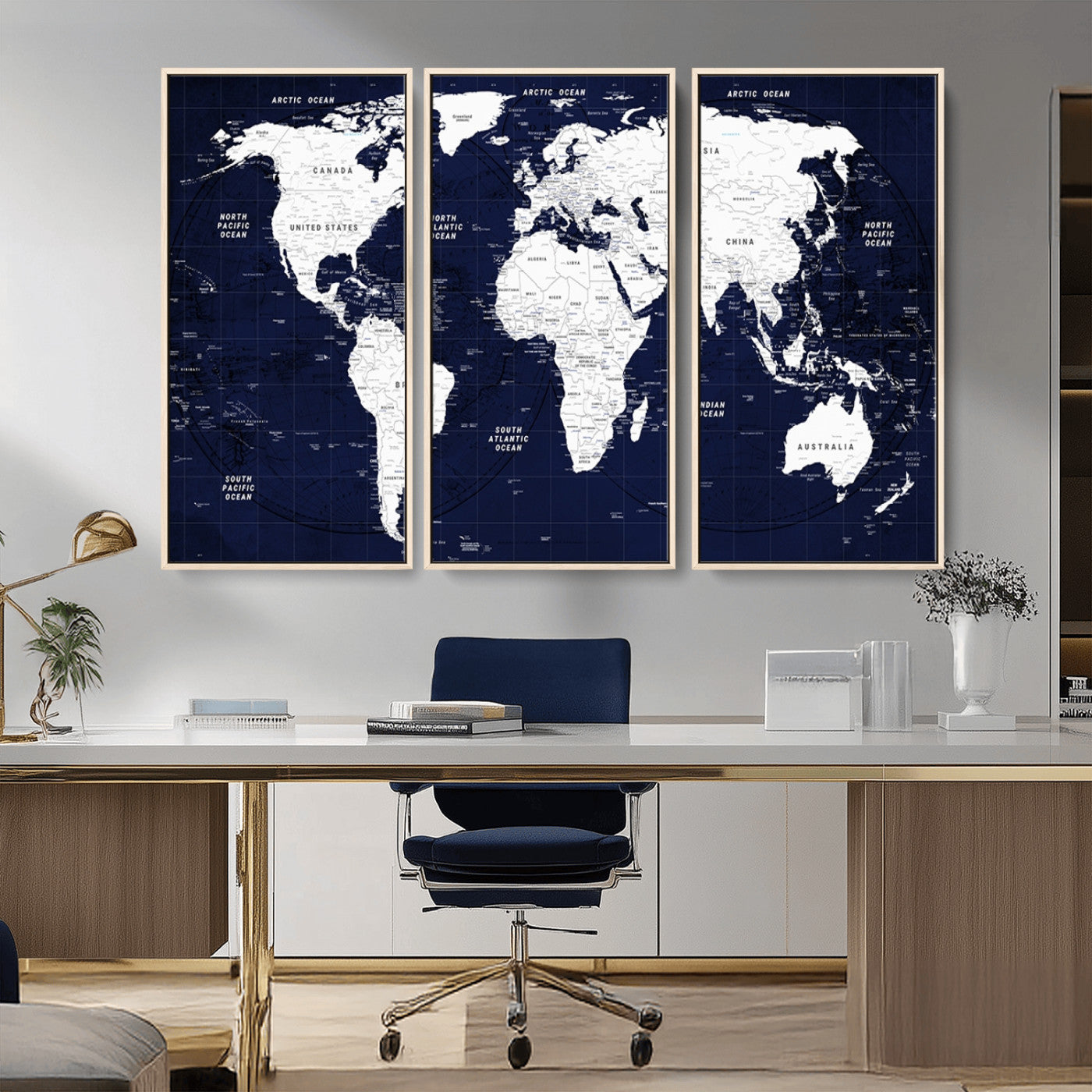 -Navy Blue World Map Canvas Print – Modern Push Pin Travel Map Wall Art, Framed Contemporary Decor for Home or Office