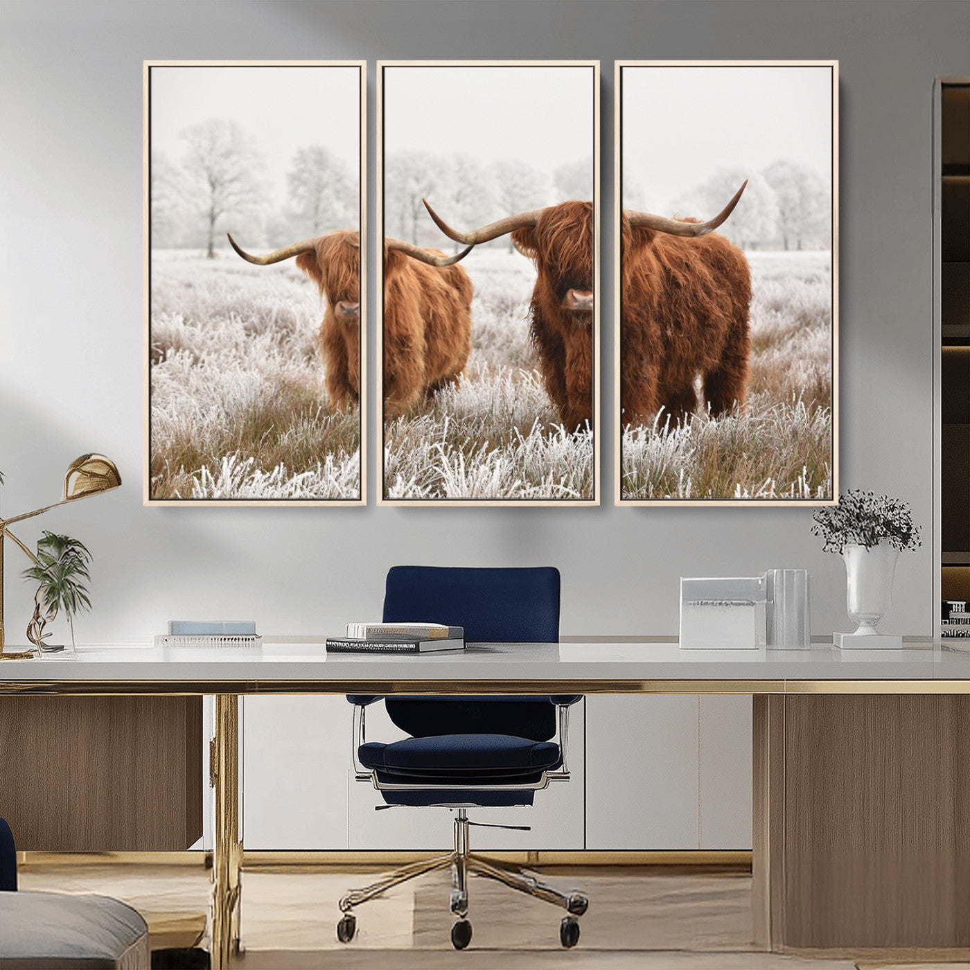 60379-MGV-FC-48X32-3P_Natural-Longhorn Cattle Wall Art Canvas Print, Framed Farmhouse Style Art Picture Print, Rustic Cow Perfect Rustic Farmhouse Decor Artwork