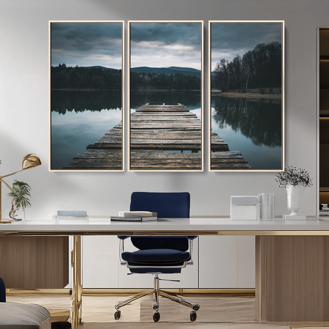 -Wooden Bridge Near Lake Wall Art Canvas Print