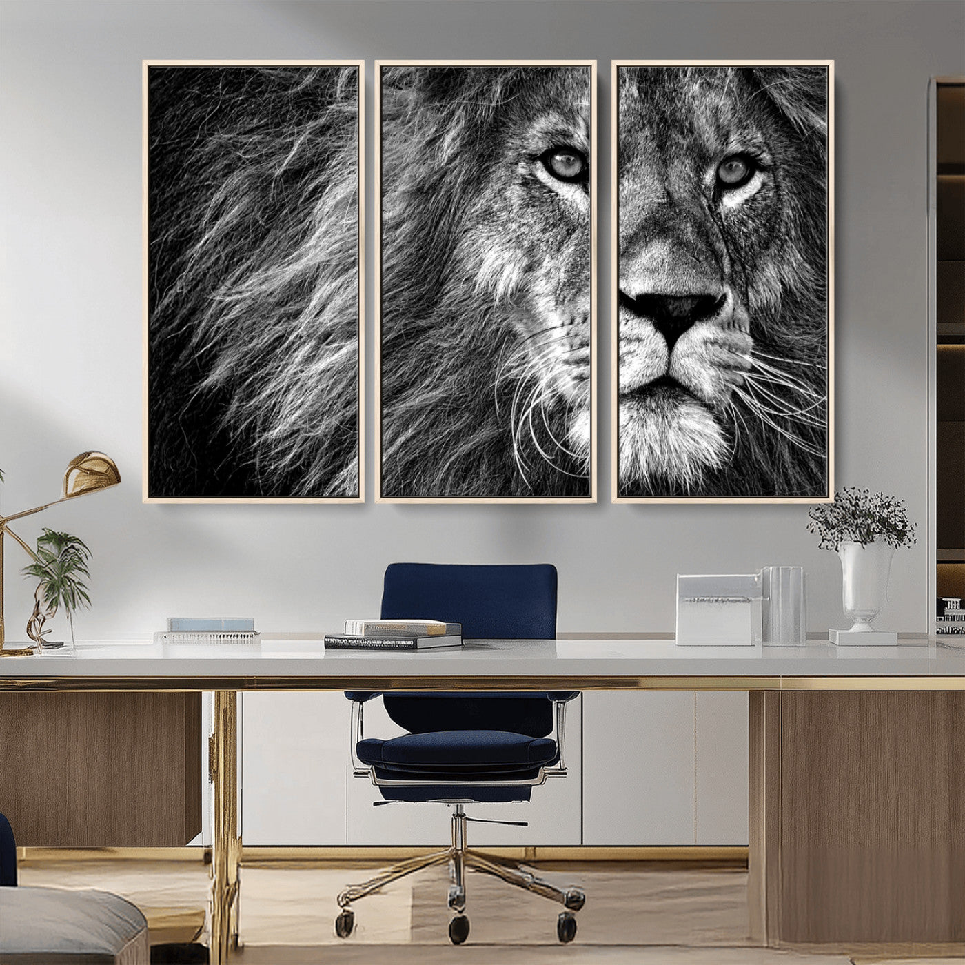 58363-MGV-FC-48X32-3P_Natural-Black and White Lion Canvas Wall Art Print – Wildlife Portrait Artwork for Home, Office, Living Room, Guest Room
