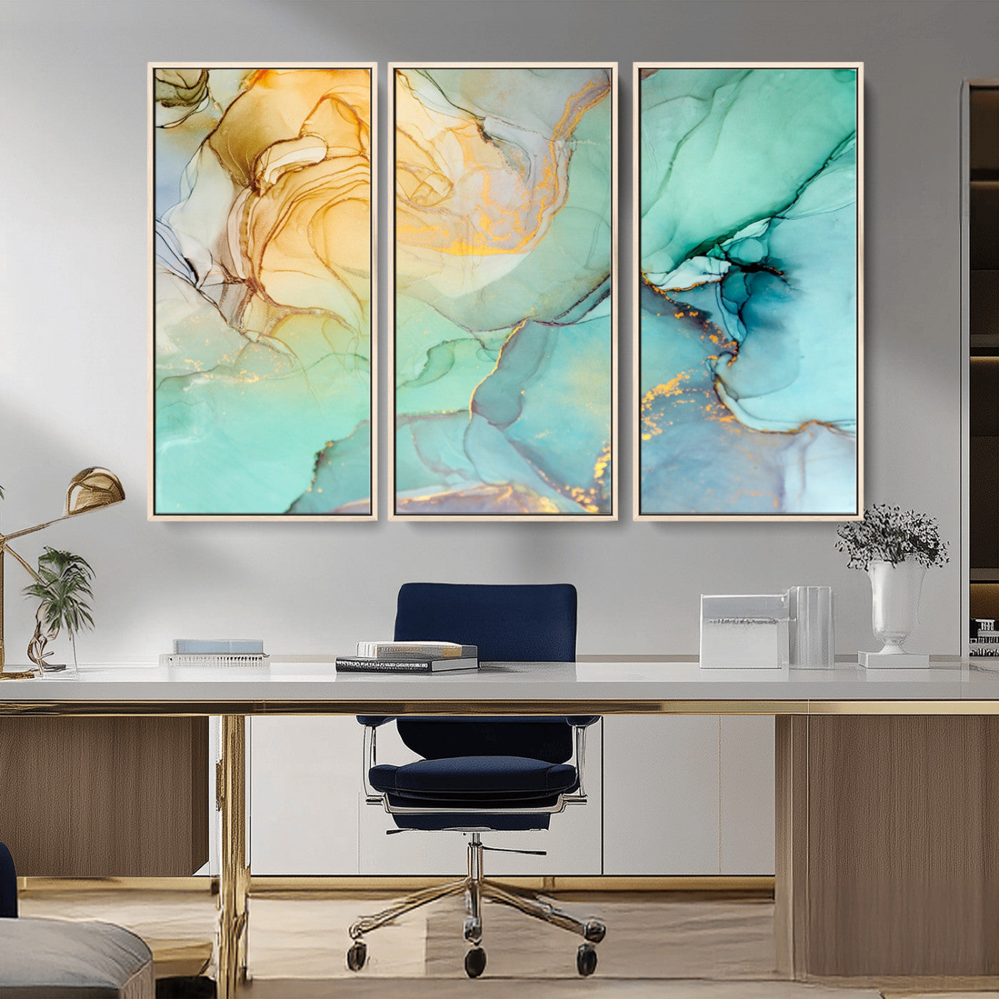 84233-MGV-CV-36X24-Abstract Aqua and Gold Fluid Wall Art Canvas | 3 Panel Large Canvas Print for Living Room, Office,