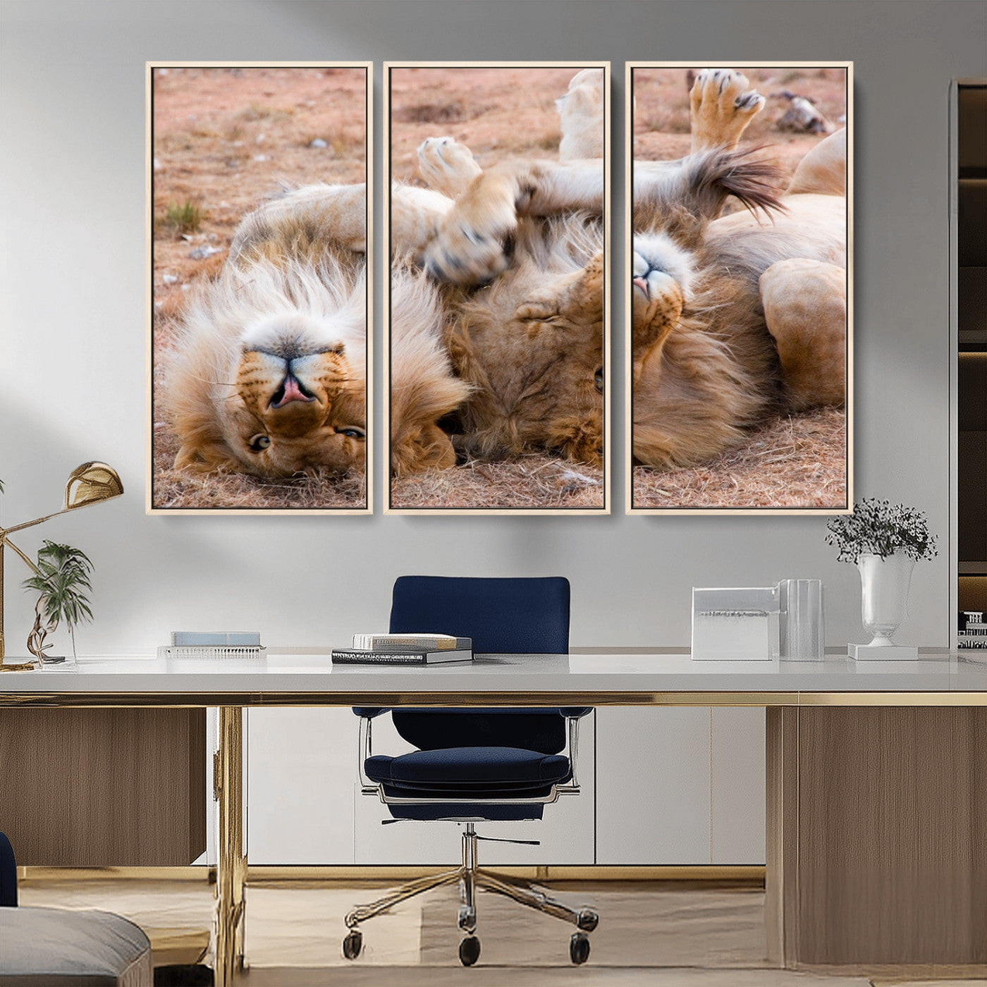 -Lion Pair Wall Art Canvas Print – Framed Wildlife Scene with Playful Lions Artwork for Home, Office, Living Room