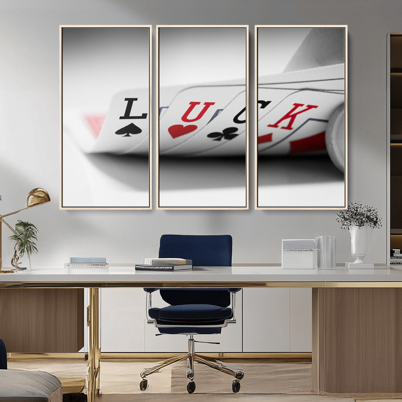 -Framed Luck Poker Cards Canvas – Modern Triptych Wall Art, Ready to Hang for Game Rooms