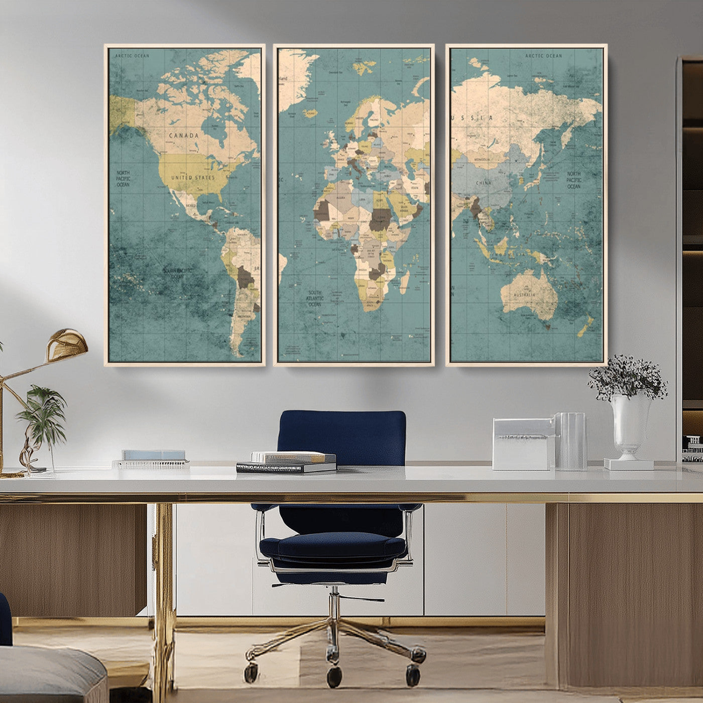 -Classic World Map Canvas Print – Framed Vintage Map Wall Art, Retro Atlas Design for Rustic Explorer or Study Room Decor