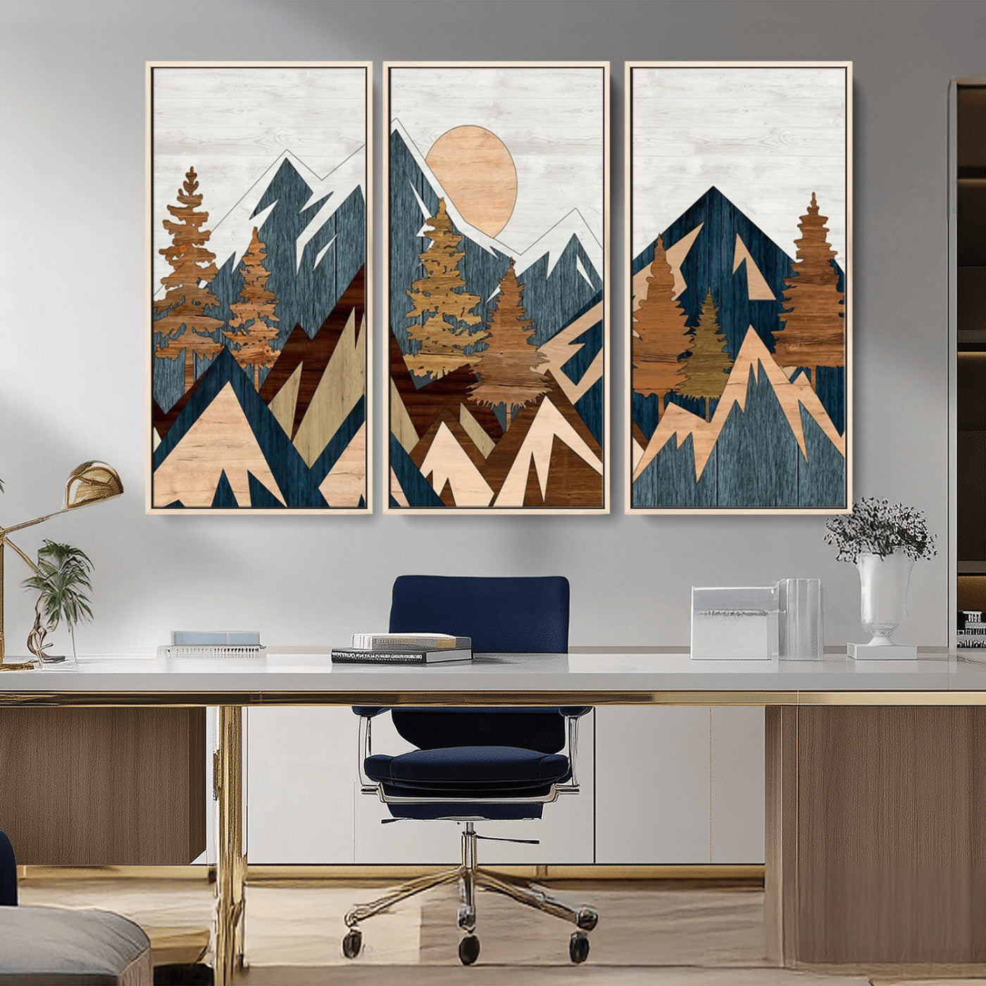 91467-MGV-FC-48X32-3P_Natural-Abstract Wood Panel Effect Mountain Range Top Wall Art Canvas Print