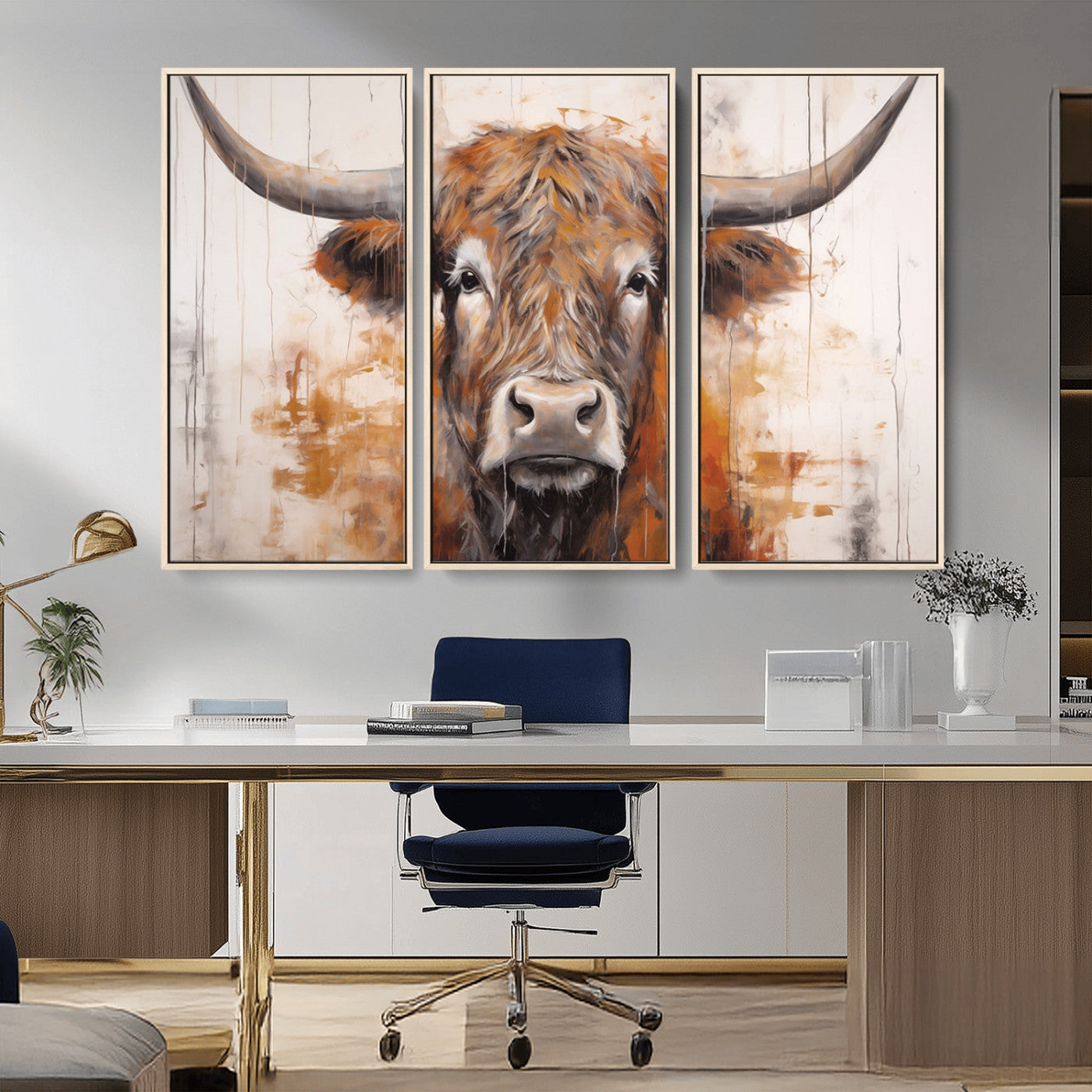 48622-MGV-FC-48X32-3P_Natural-Vintage Scottish Highland Cow Cattle Art, Scottish Highland Cow Wall Art Print, Farmhouse Wall Art