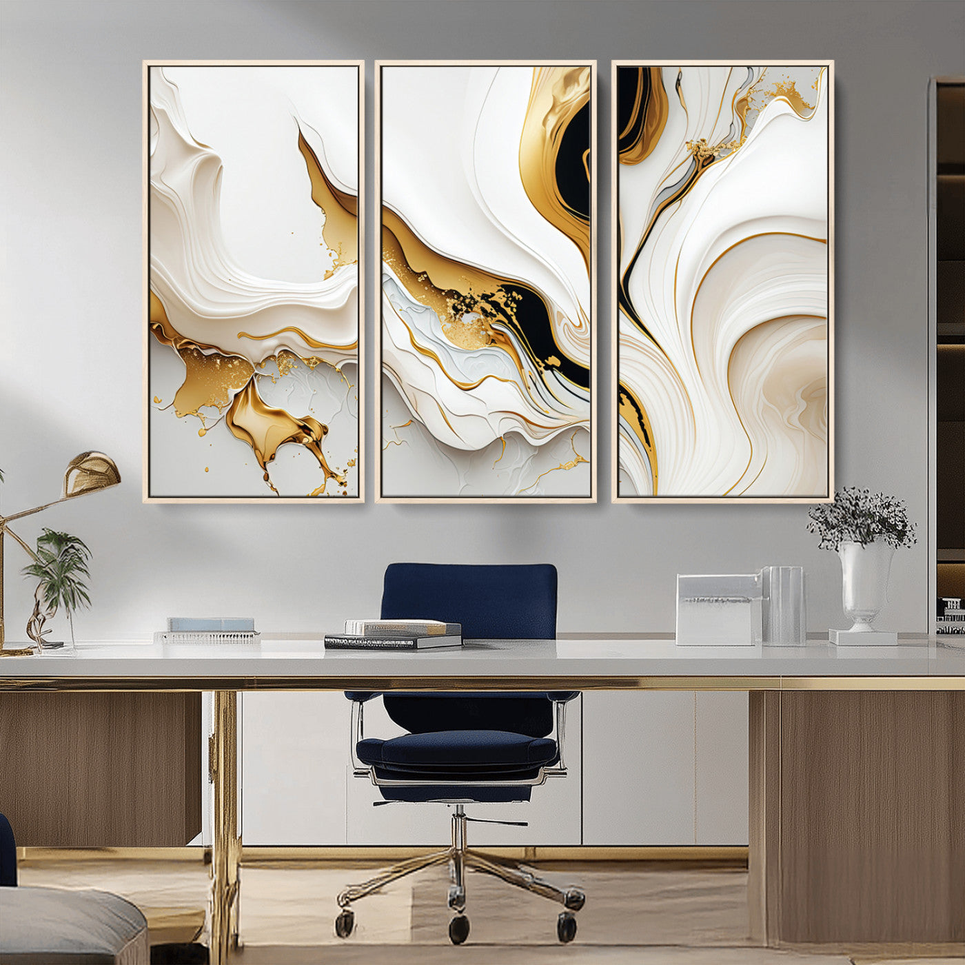 98637-MGV-FC-48X32-3P_Natural-Gold Waves on Pure White Canvas – Gold Abstract Art for Modern Interiors | Wall Art Canvas, Framed &