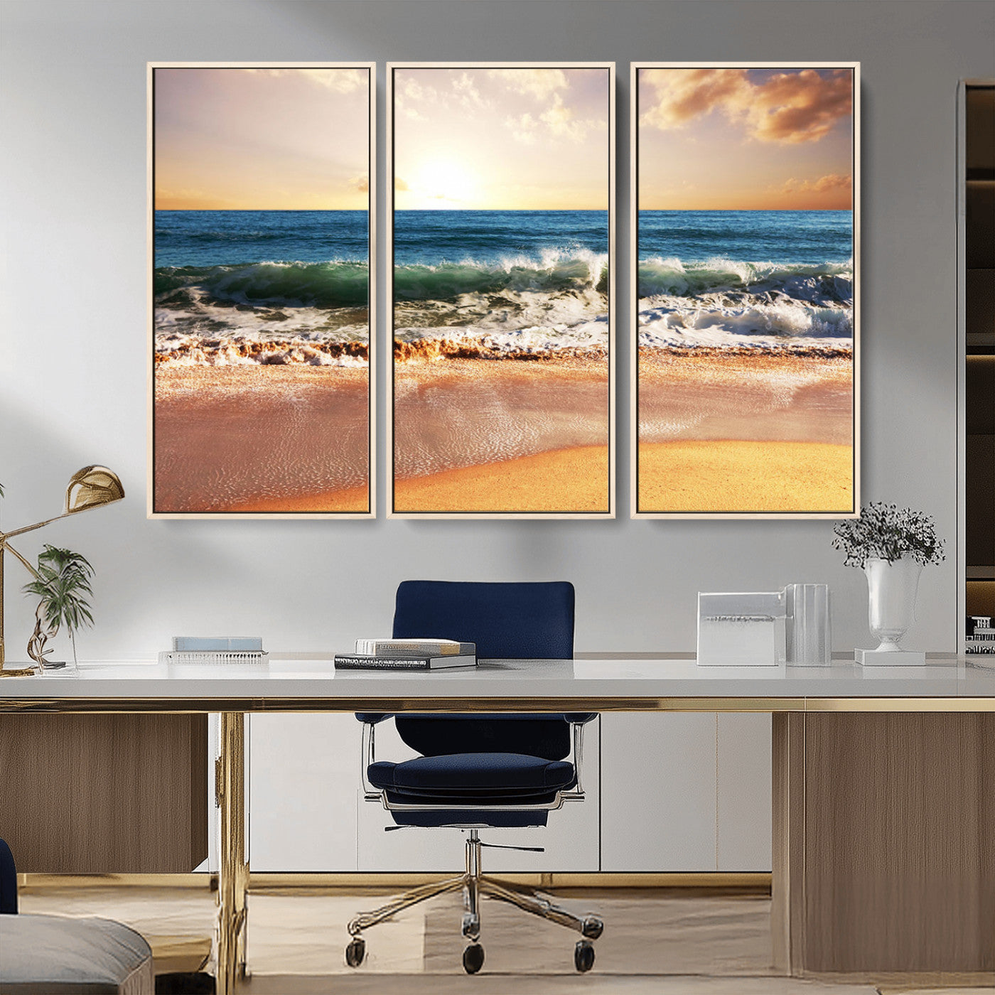 42011-MGV-CV-36X24-Sunset Beach Wall Art - 3-Panel Framed Canvas Print, Ready to Hang Ocean Sunset for Coastal and