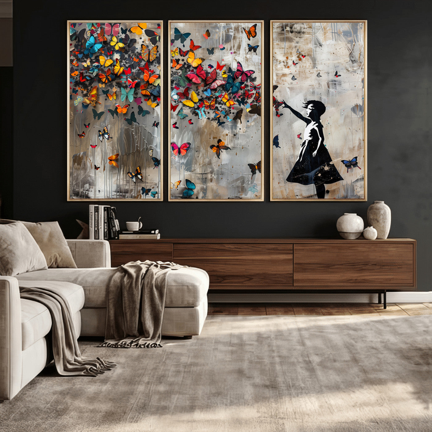 40269-MGV-CV-36X24 - Banksy Wall Art - Banksy Girl and Butterfly Explosion Wall Art Canvas Print | Girl with Butterflies