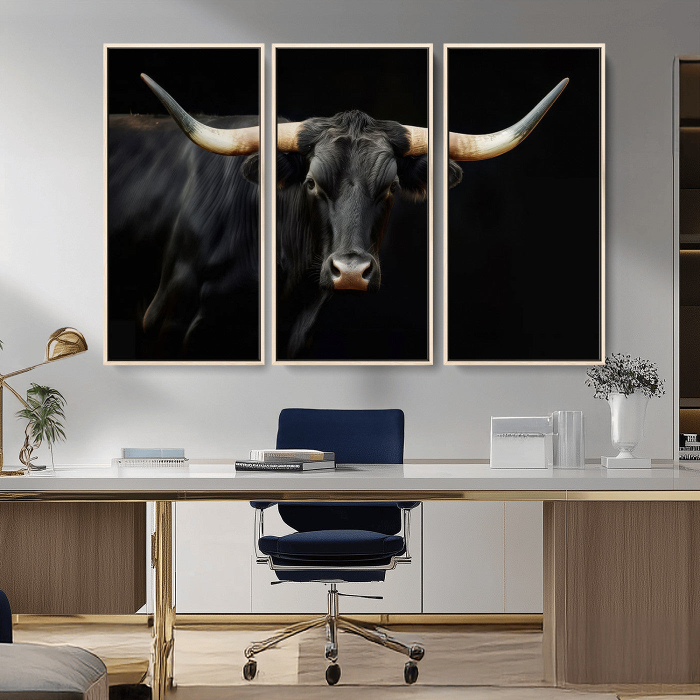 63798-MGV-FC-48X32-3P_Natural-Black Bull Wall Art – Majestic Longhorn Canvas Print with Dark Background, Rustic Western Farmhouse Decor for Living Room or Office