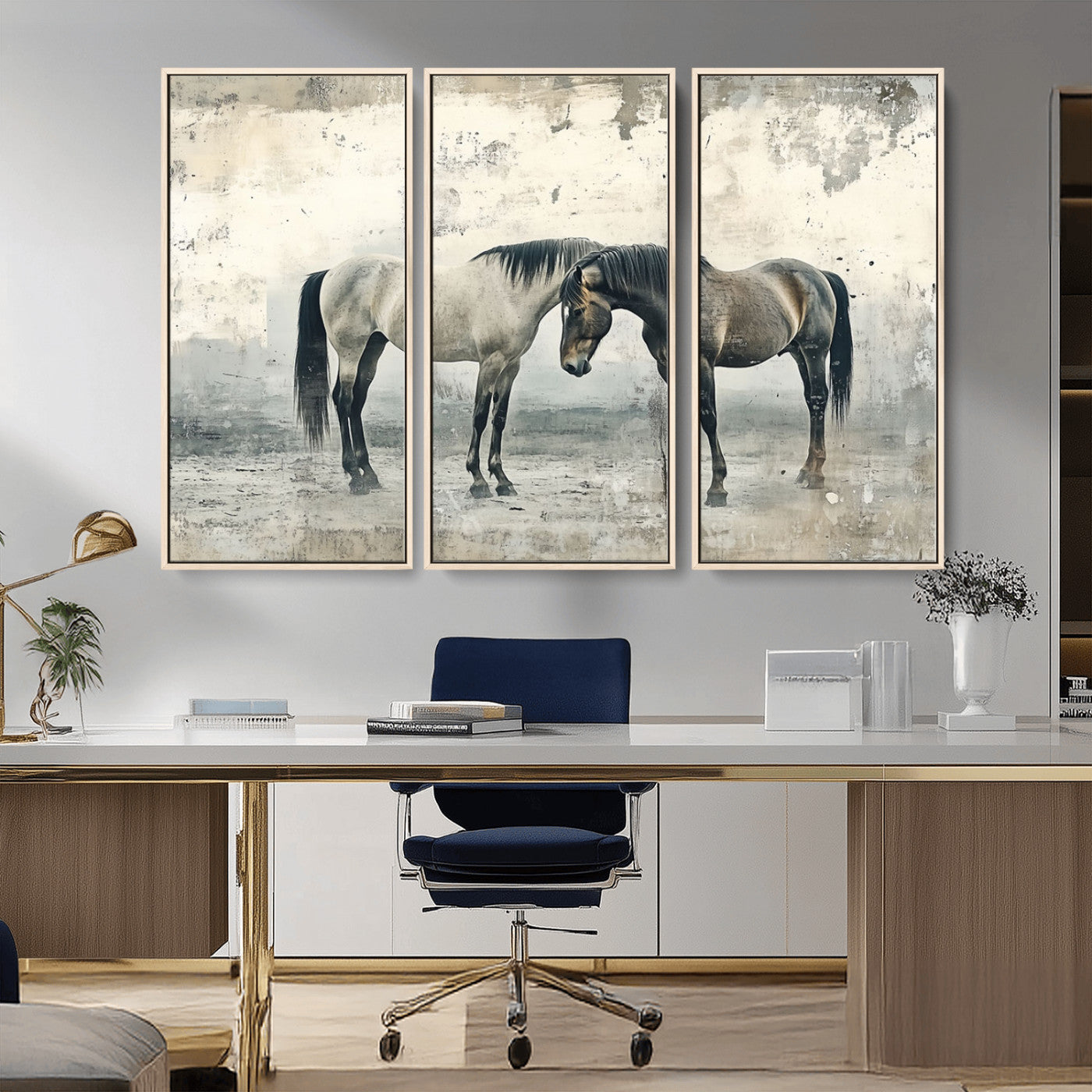 -Chines Style Majestic Horses Wall Art | Ready to Hang and Framed Triptych Print | Western Farmhouse
