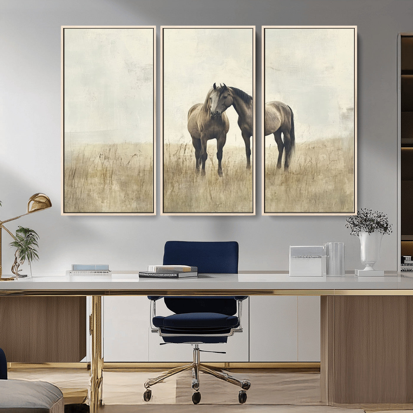 -Chines Style Grunge Horses Wall Art Canvas Print