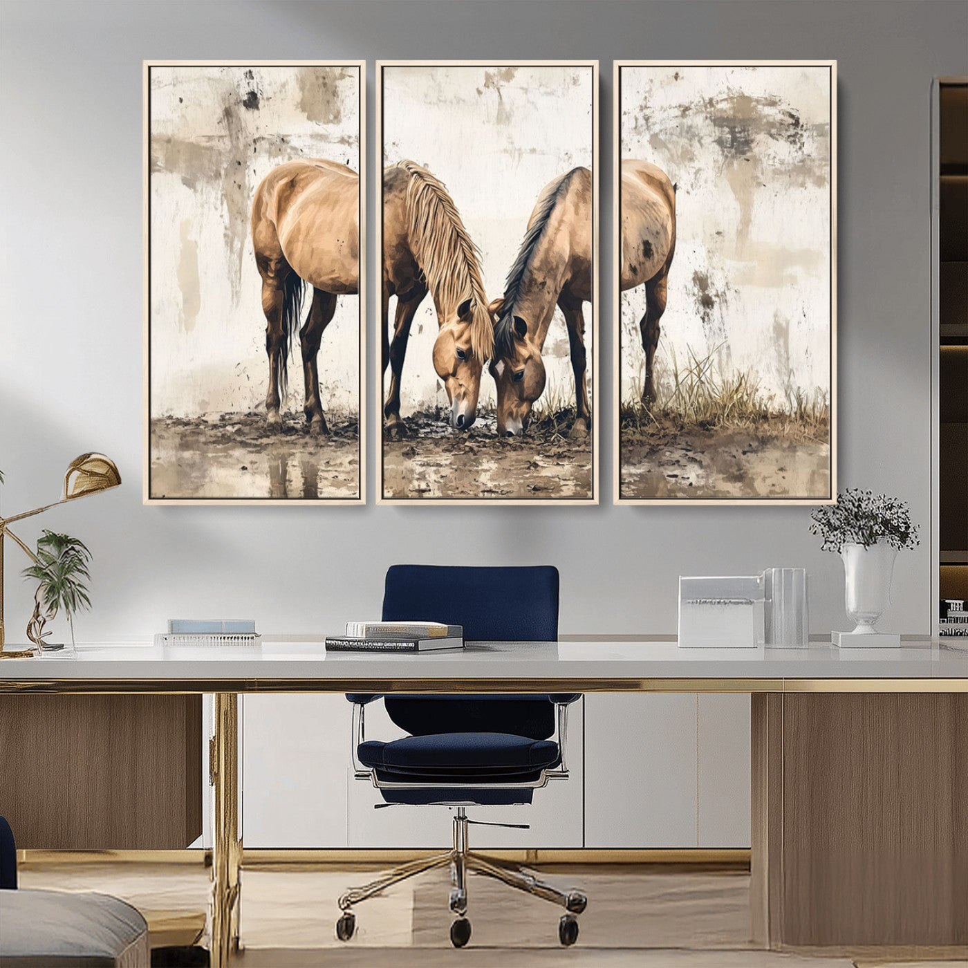 -Vintage Horses Wall Art | Ready to Hang and Framed Triptych | Western Farmhouse Wall Decor for