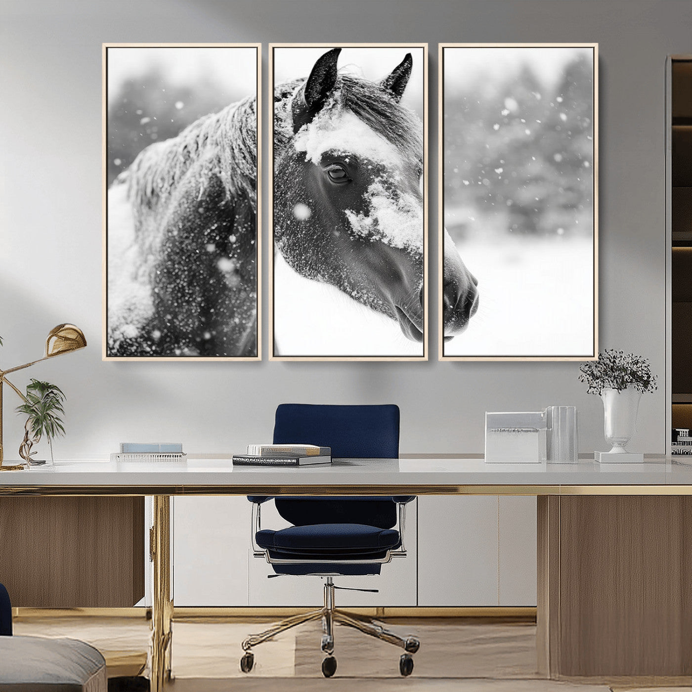 13358-MGV-CV-36X24-Black Horse Winter Wall Art | Ready to Hang and Framed | Farmhouse and Western Wall Decor for Living Room