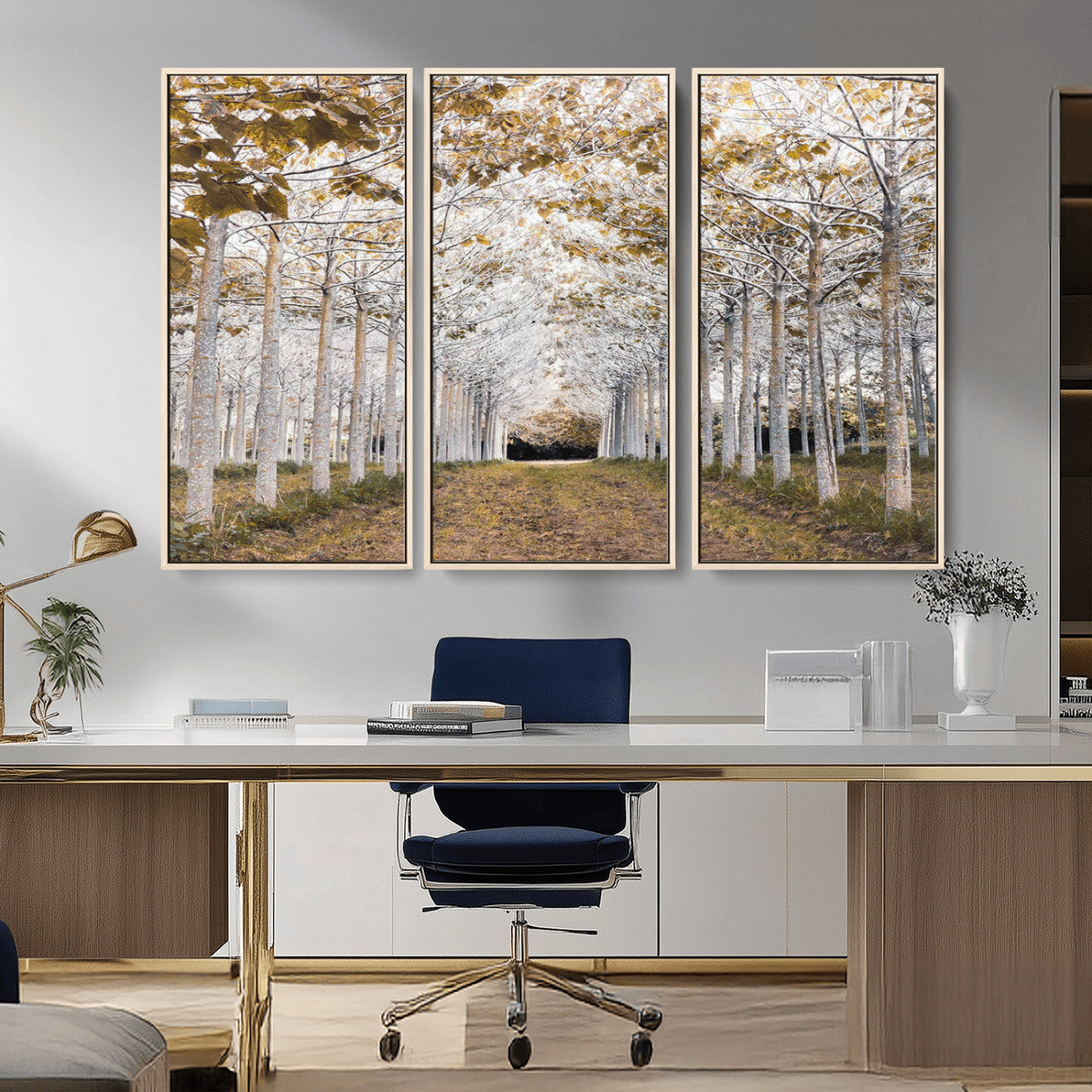 41104-MGV-FC-48X32-3P_Natural-Forest Grove Wall Art | Serene Pathway Canvas Print | Ready to Hang and Framed Nature Wall Decor for