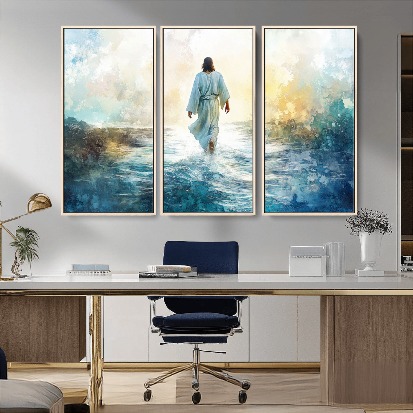 -Watercolor Jesus Walking on Water Canvas Print, Christian Wall Art, Jesus Christ Walking