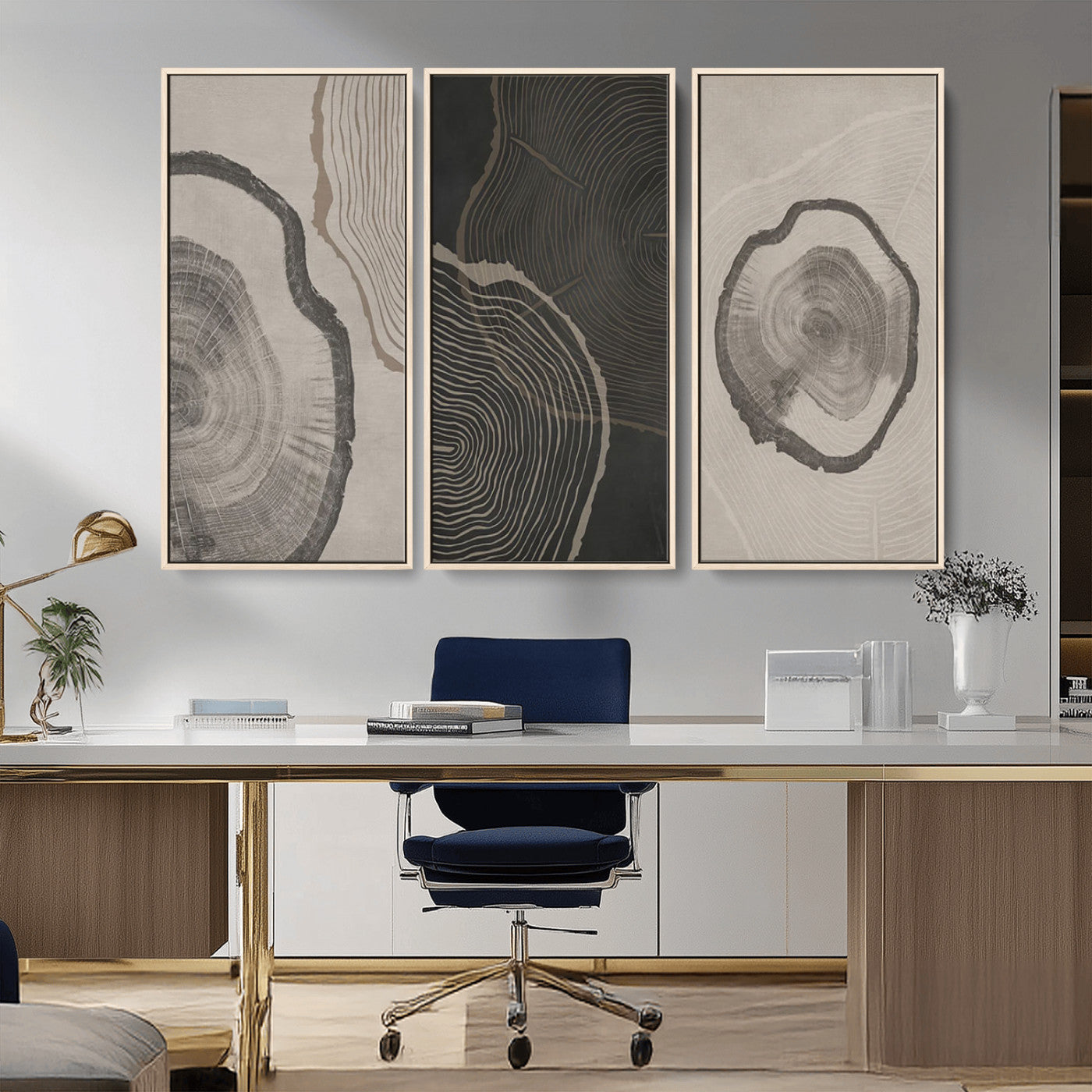 25407-MGV-CV-36X24-Modern Abstract Tree Ring Canvas Art Set | 3 Panel Large Tree Ring Design for Living Room, Office,