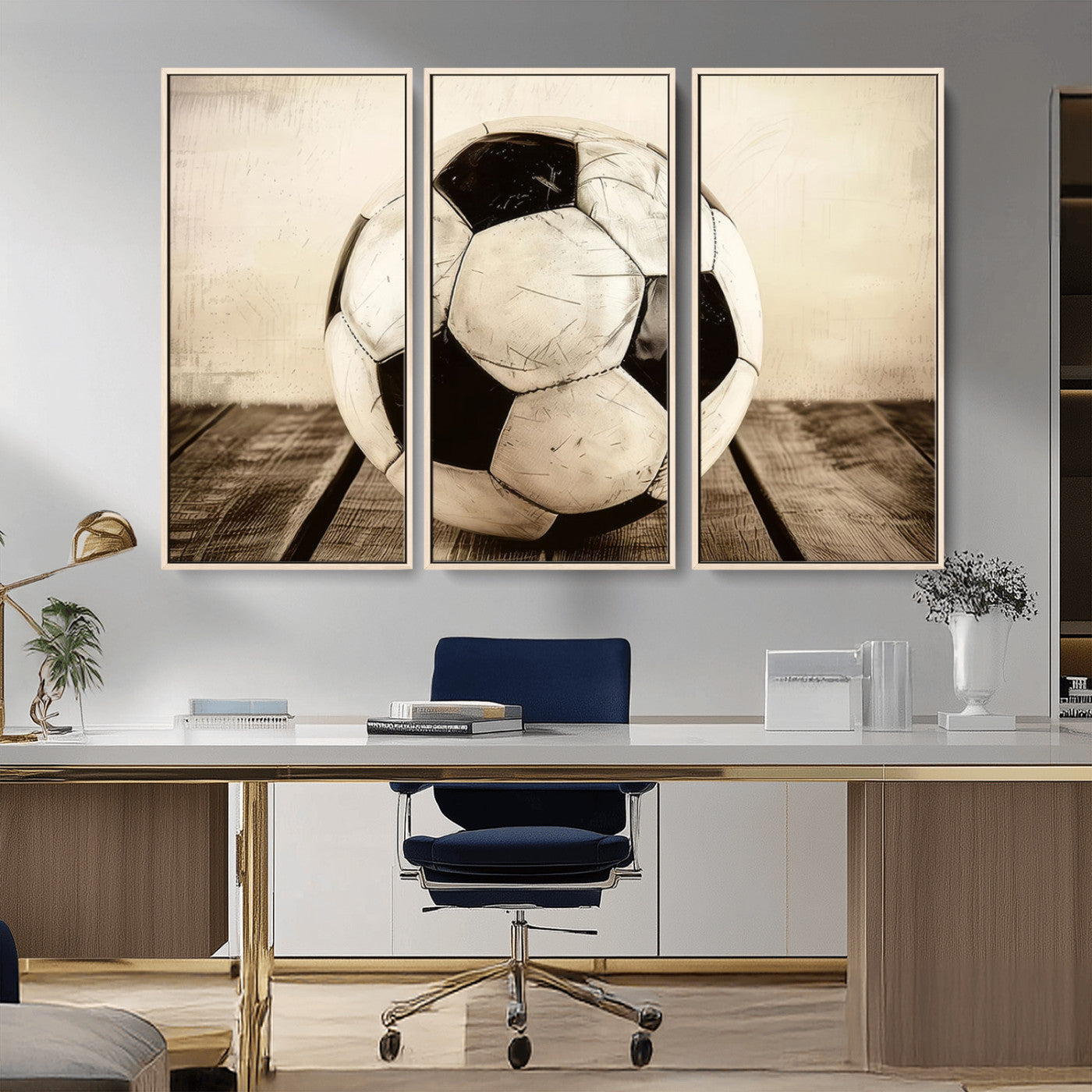 -Vintage Soccer Ball Wall Decor Canvas Art – 3-Panel Soccer Wall Decor, Framed and Ready to Hang