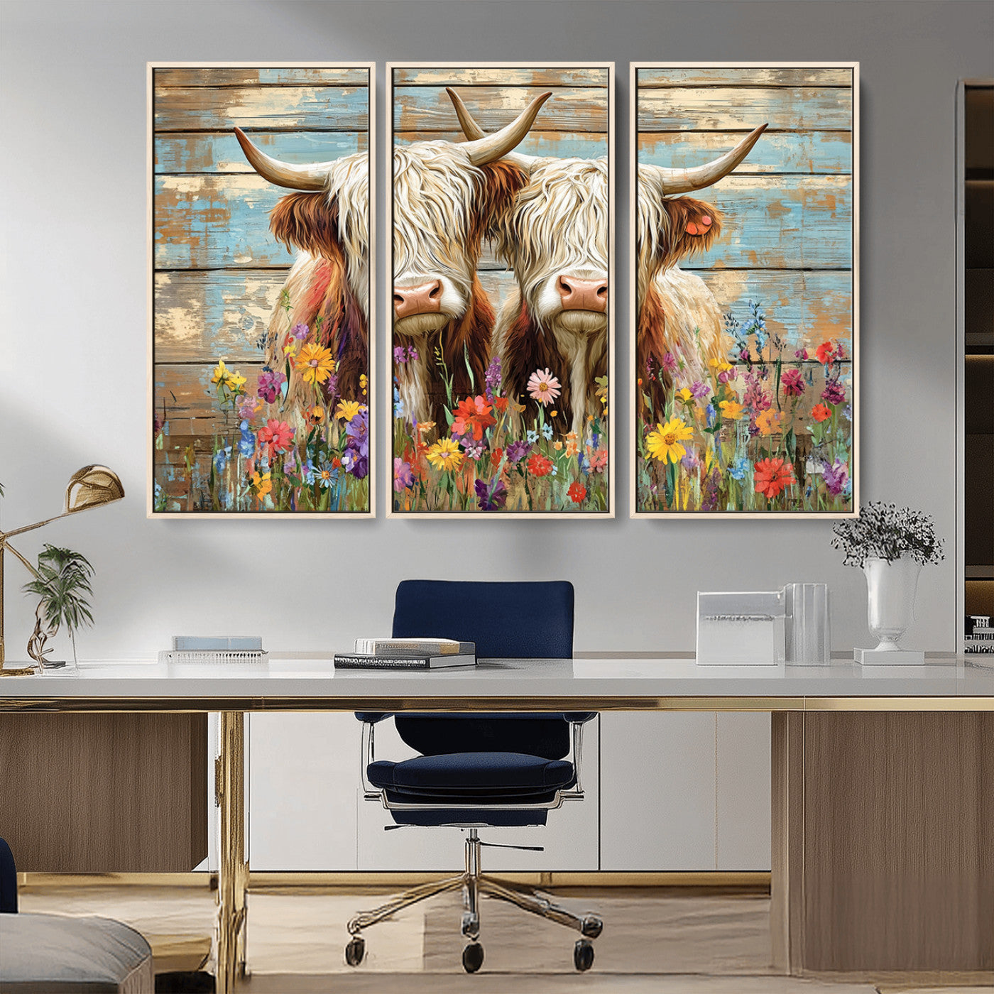 36972-MGV-CV-36X24 - Cute Highland Cow Canvas Wall Art - Rustic Farmhouse Decor with Colorful Flowers Perfect Wall Art