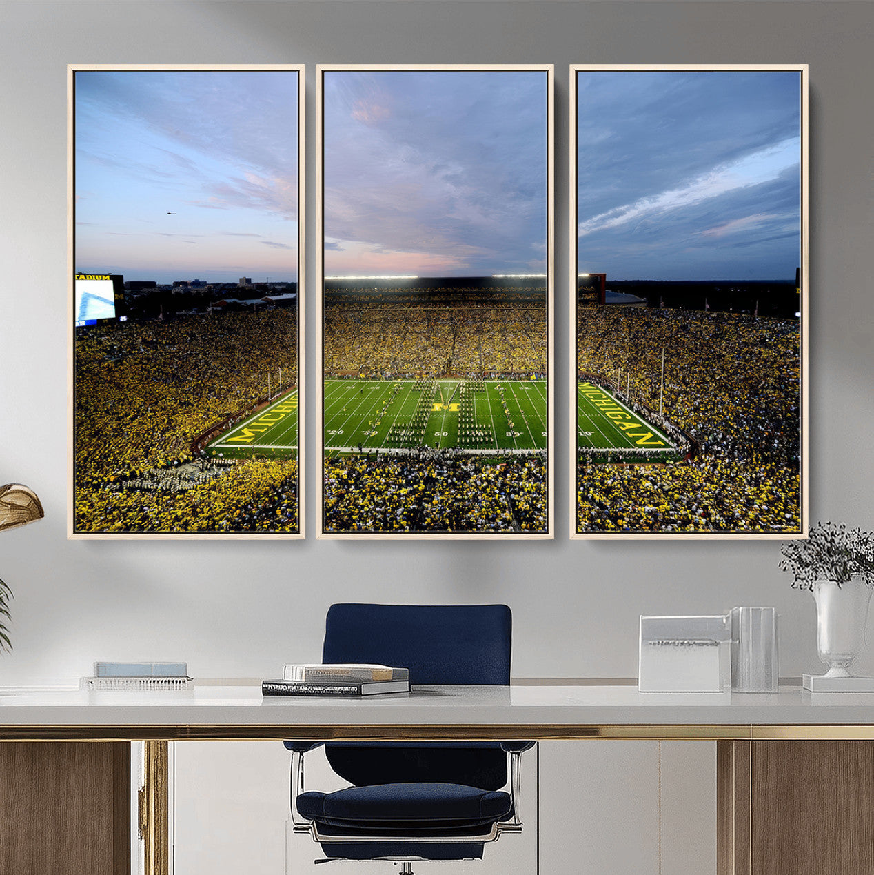 82641-MGV-FC-48X32-3P - Michigan Stadium Wall Art Canvas Print, Vibrant Game Day Crowd and Sunset Sky Football Field Artwork for Home, Office