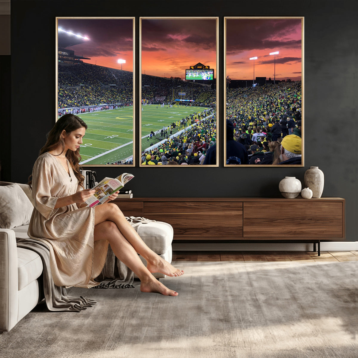 75065-PAN-FL-20X10 - Eugene Autzen Stadium Canvas Wall Art Print – Sunset Over Iconic Football Field Wall Decor for Home