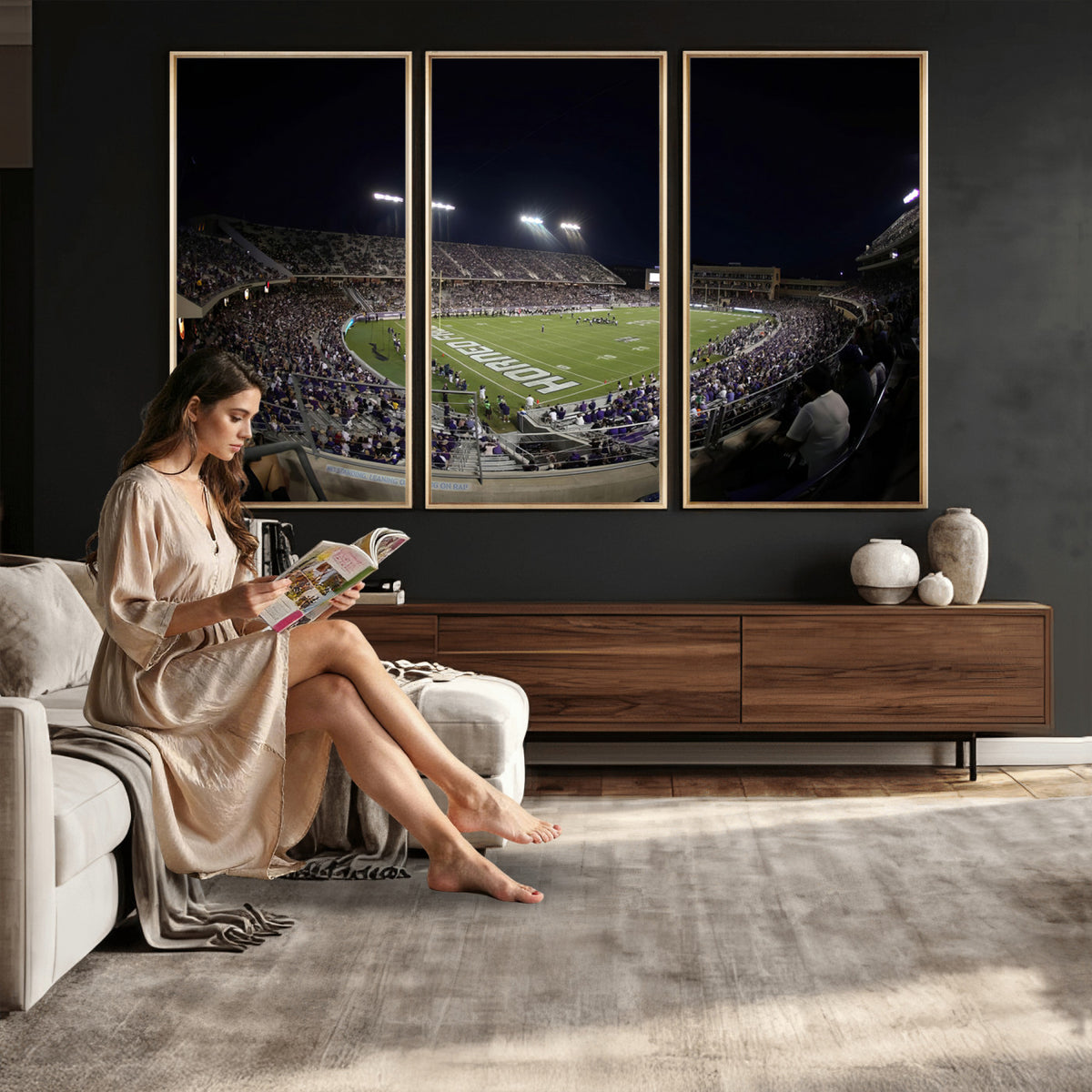 59222-PAN-FL-20X10 - TCU Horned Frogs Football Team Print - Fort Worth Amon G. Carter Stadium Wall Art Canvas Print.