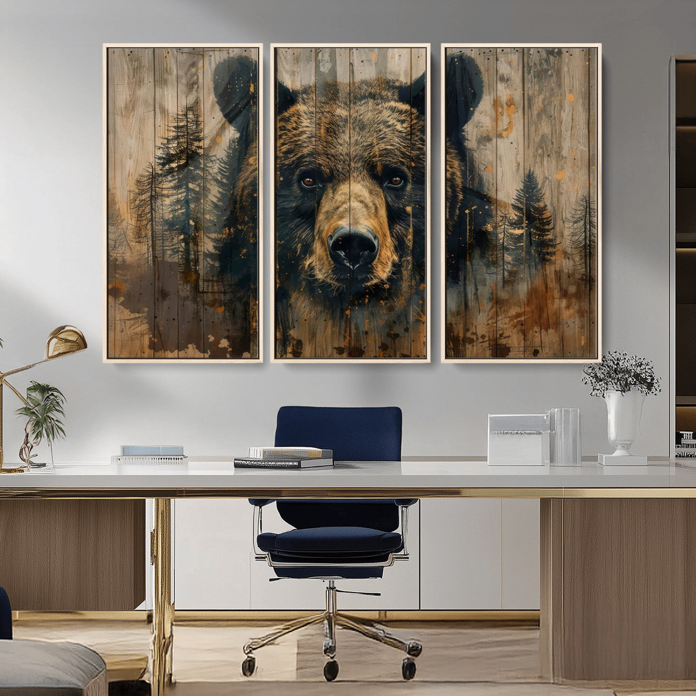 -Abstract 399 Bear Wall Art | Rustic Cabin Wall Decor with Forest Design | Framed and Ready to Hang |