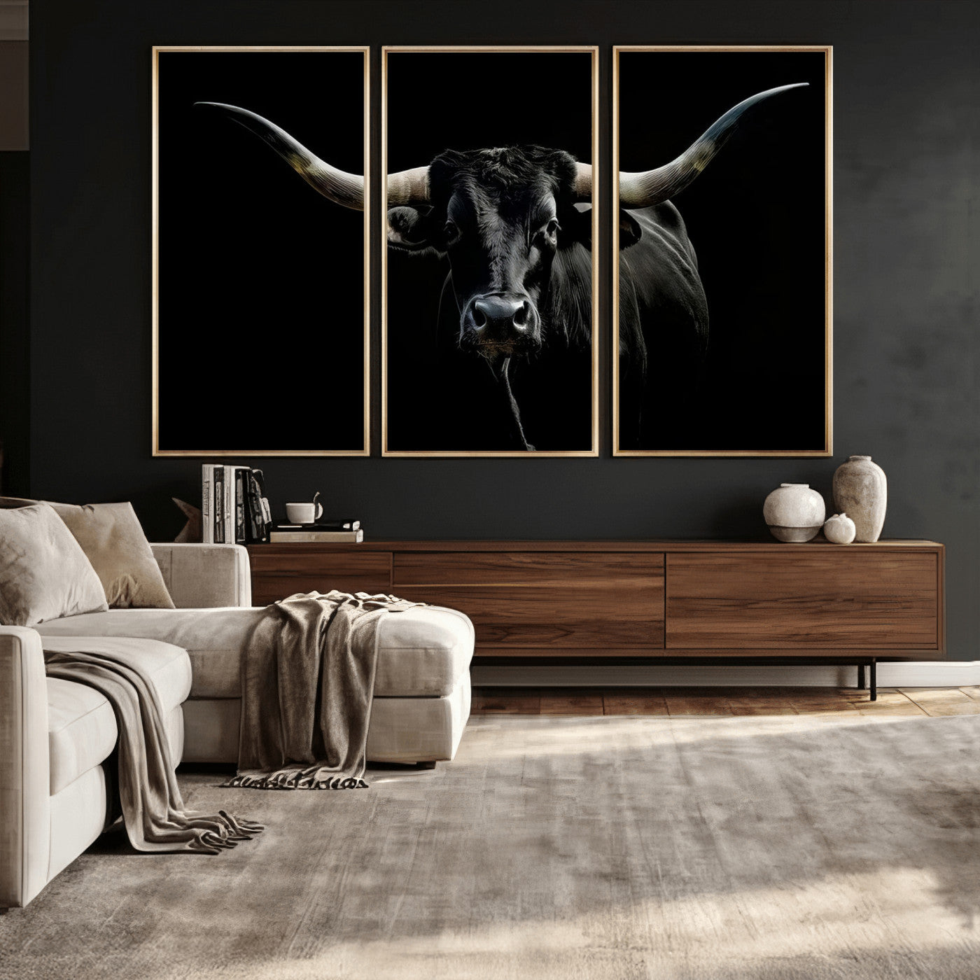 20679-MGV-CV-36X24 - Texas Black Longhorn Bull Wall Art Canvas Print - Western Texas Cattle Rustic Decor Print - Longhorn